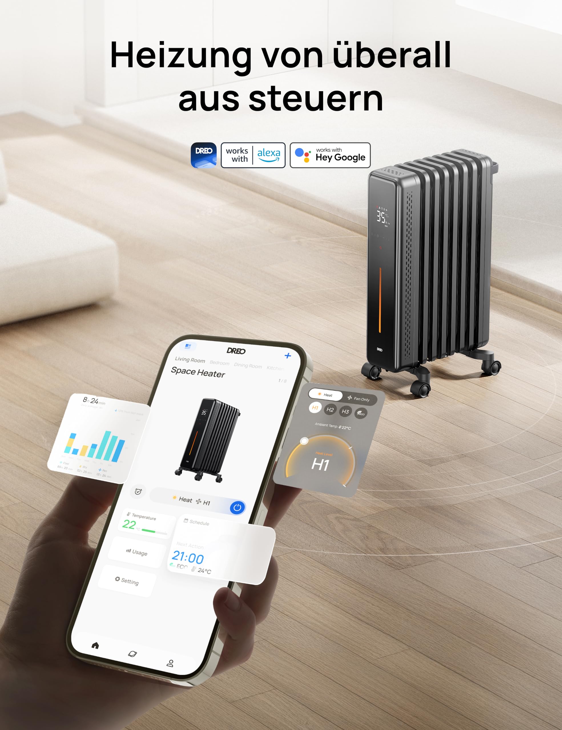Dreo Ölradiator Energiesparend, 2000W Elektroheizung mit 9 Rippen, 3 Heizstufen, 4 Modi, 24h Timer, Überhitzungs-Kippschutz, Leiser Radiator Heizung Elektrisch mit Thermostat, OH521