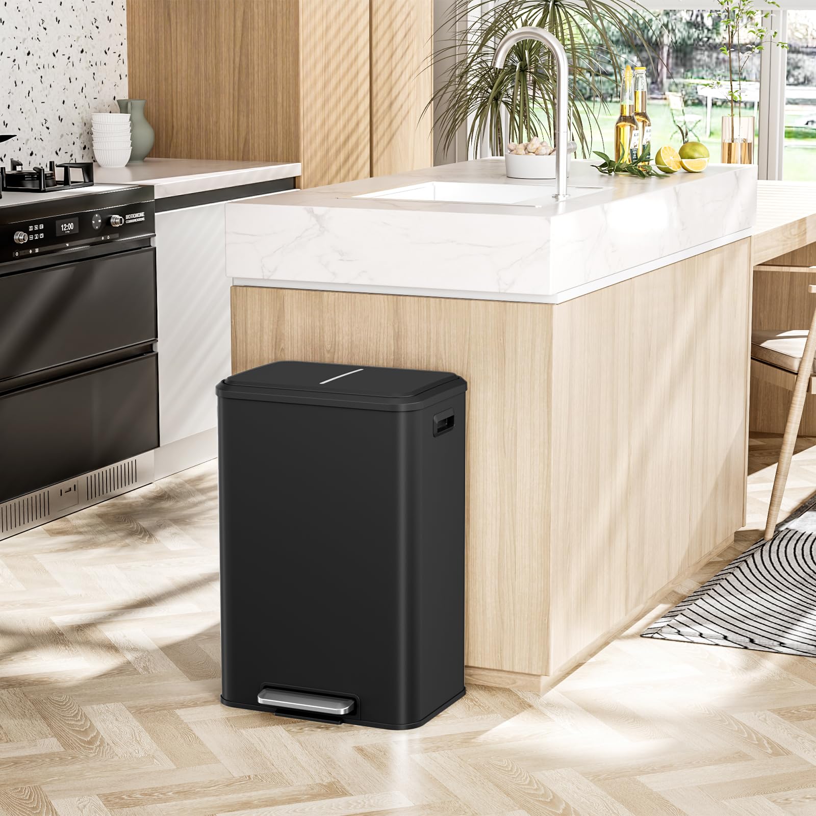 LIFERUN Cubo de basura para cocina 40l, cubo de basura con cubo interior, con tapa de cierre suave, cubo de basura con pedal, de acero, pedal para oficina, familia grande, negro