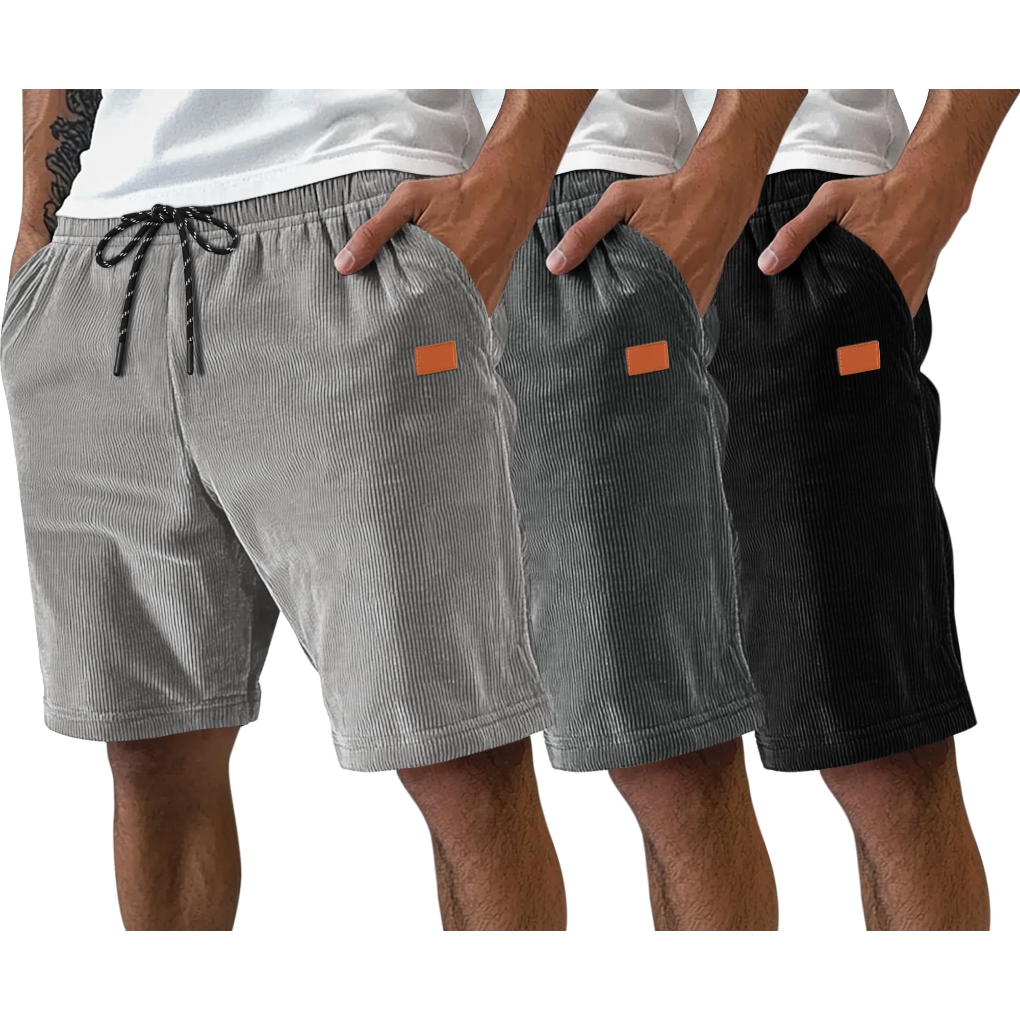 Neer 3 Pack Men's Corduroy Shorts Casual Elastic Waist Drawstring Lightweight Summer Beach Loose Fit Shorts with 3 Pockets