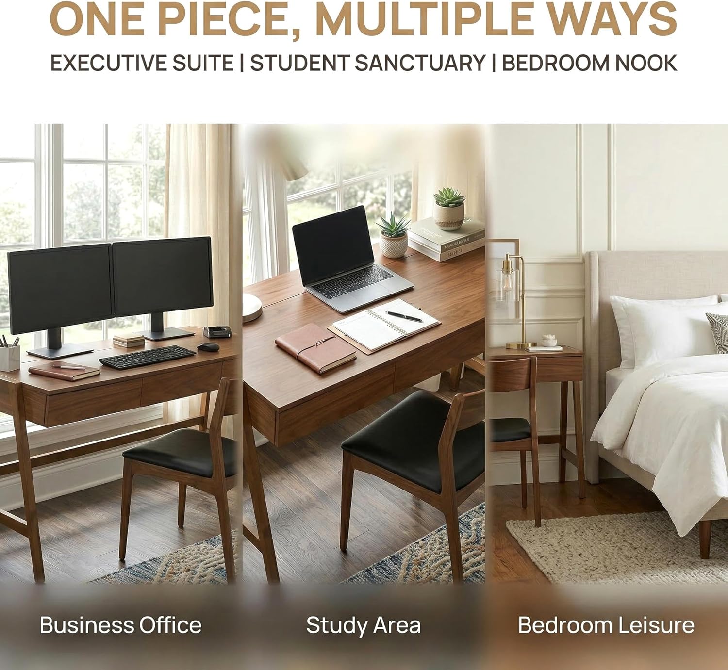 HNY 59 Inches Walnut Wooden Writing Desk with 3 Drawers, Computer Study Table with MDF Top, Solid Rubberwood Legs and Hidden Cable Management Holes, Corner Makeup Vanity Desk for Home Office, Bedroom