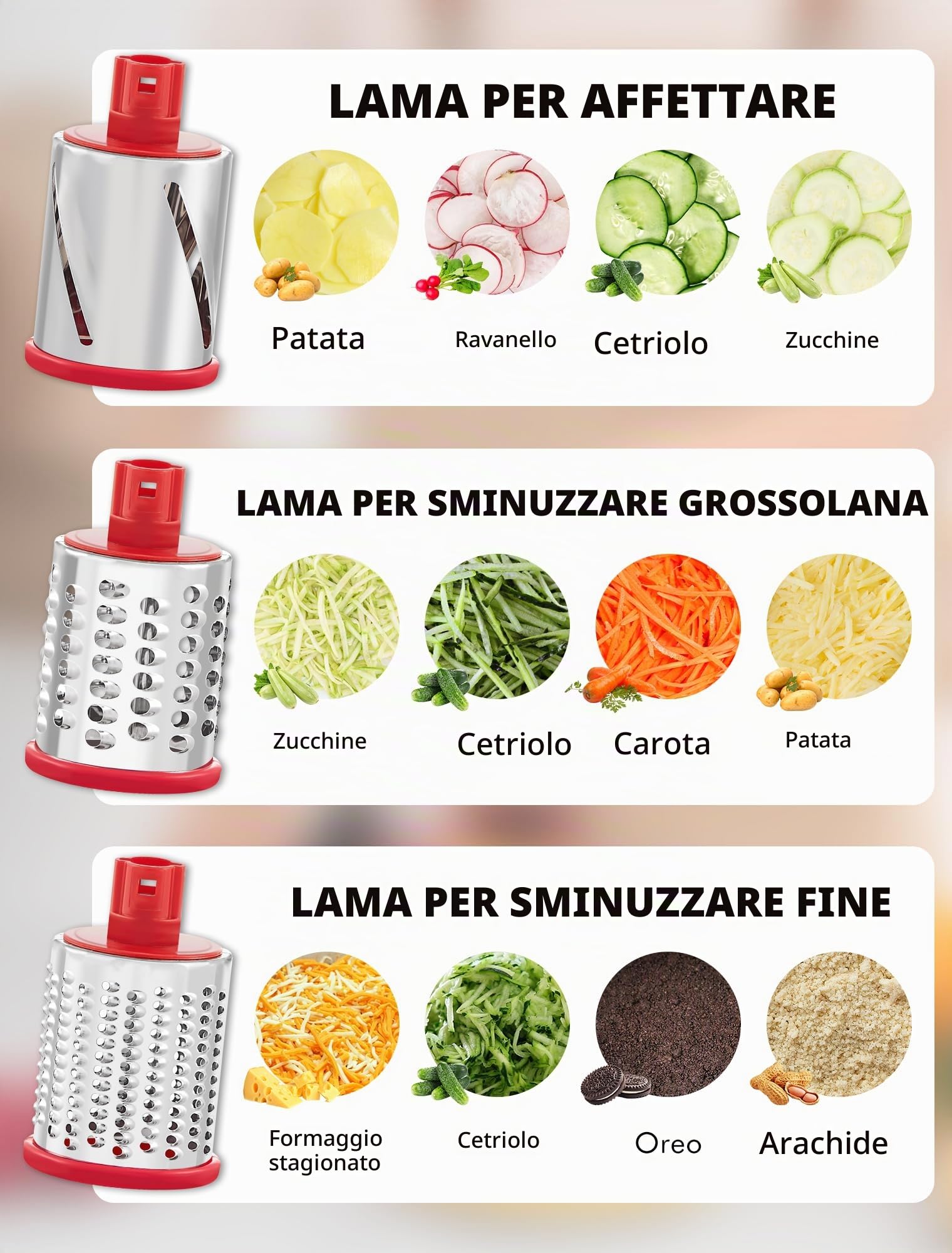 GDL Grattugia Formaggio, Grattugia Verdure con 5 Lame di Tamburo, Affetta Verdure Manuale Taglio Facile e Veloce, Grattuggia Tritaghiaccio per Formaggio Ghiaccio Dado Cetriolo Carota Cavolo, Rosso
