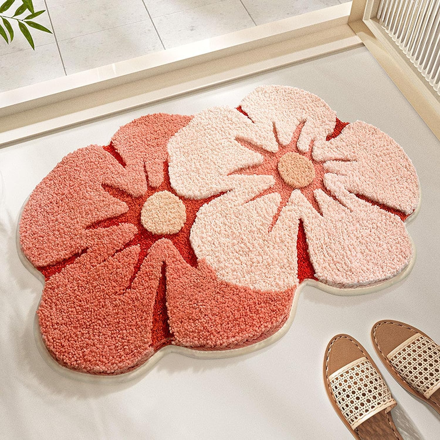 Tapis De Salle De Bain Absorbant Et Antidérapant - 45x65cm - Microfibre Rose Motif Floral - 8