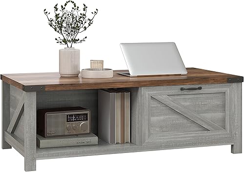 HOMCOM Mesa de centro de granja con almacenamiento y cajón, mesa de centro rústica para sala de estar, estante abierto, gris envejecido