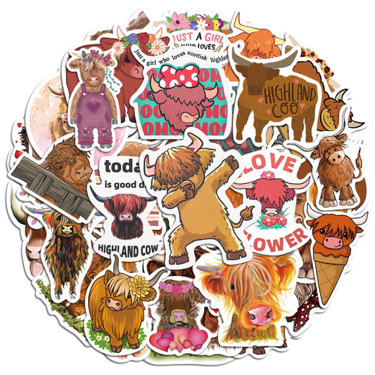 50pcs Highland Cow Sticker, Cute Yak Cattle Stickers Decal Waterproof Animal Water Bottle Stickers for Kids Laptop Scrapbook Decoration Party Favor Classroom Rewards Gift Supplies