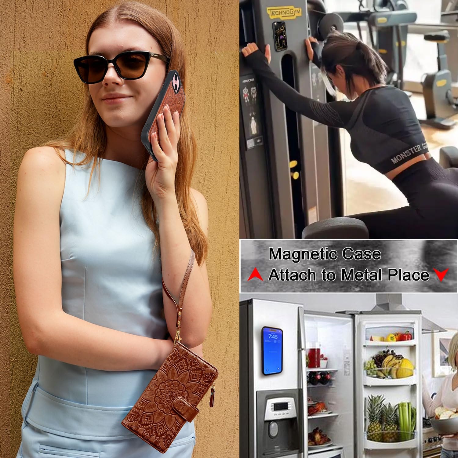 Harryshell Compatible with iPhone 14 6.1 inch/iPhone 13 6.1 inch 5G Wallet Case Detachable Magnetic Cover Zipper Cash Pocket Multi Card Slots Holder Wrist Strap Lanyard Floral Flower (Light Brown)