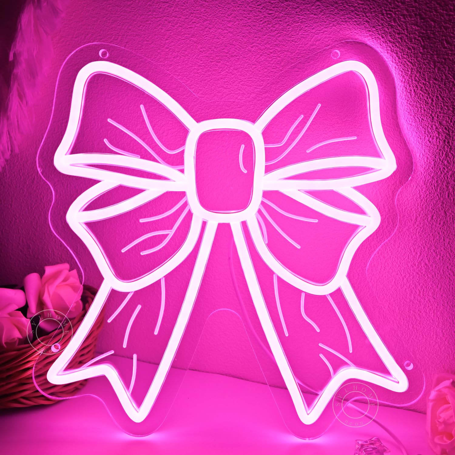 SYLHOME Pink Bow Led Neon Light Sign Cute Girls Kids Bedroom Nursery Game Room Wall Sign Decor Beauty Salon Wedding Birthday Party Backdrop Gifts 11.8" X 11.8" USB