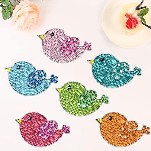 Miniatura 7 de Tontut 8 posavasos de madera de pintura de diamante con soporte, posavasos de pájaro pequeño, kits de arte de diamantes para principiantes, adultos