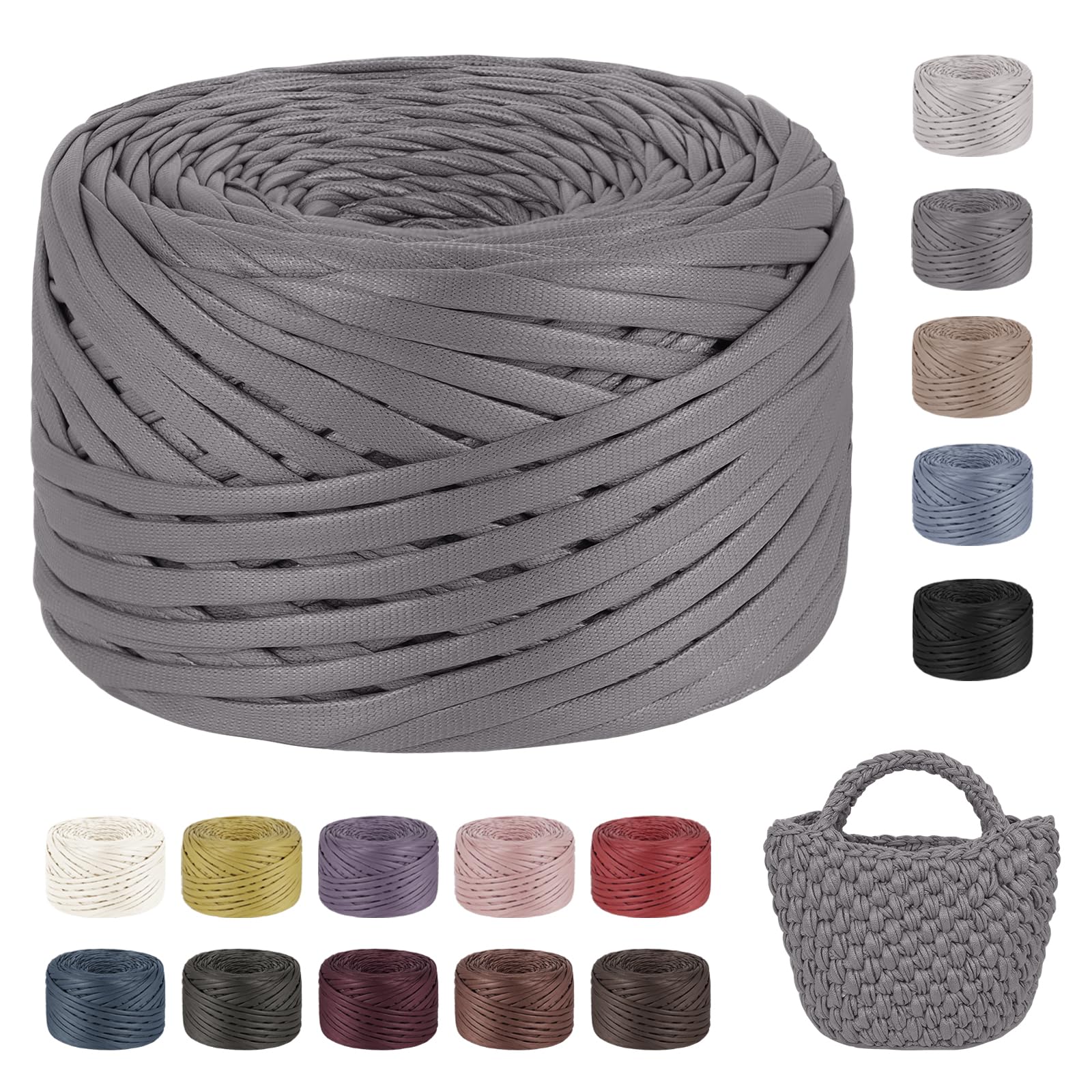 LEREATI Tshirt Yarn for Crocheting 200g/90m Single-Side Faux Leather Looking Fabric, Soft Polyester Cloth Ribbon T Shirt Yarn for Crocheting Baskets Bags Rugs Home Decor DIY Crafts (Dark Gray)