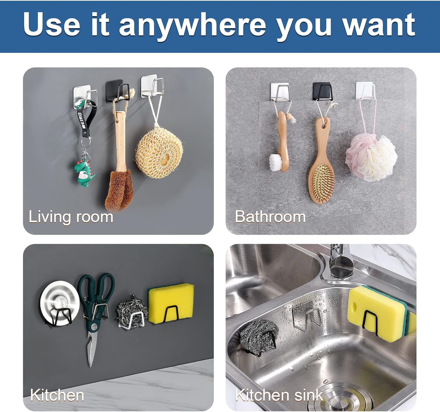 2Pcs Sponge Holder for Kitchen Sink, Strong Adhesive Sponge Holder for Sink Counter, Dish Sponge and Brush Organization Holder, Premium SUS304 Stainless Steel Rust Proof Waterproof-Black - Image 5