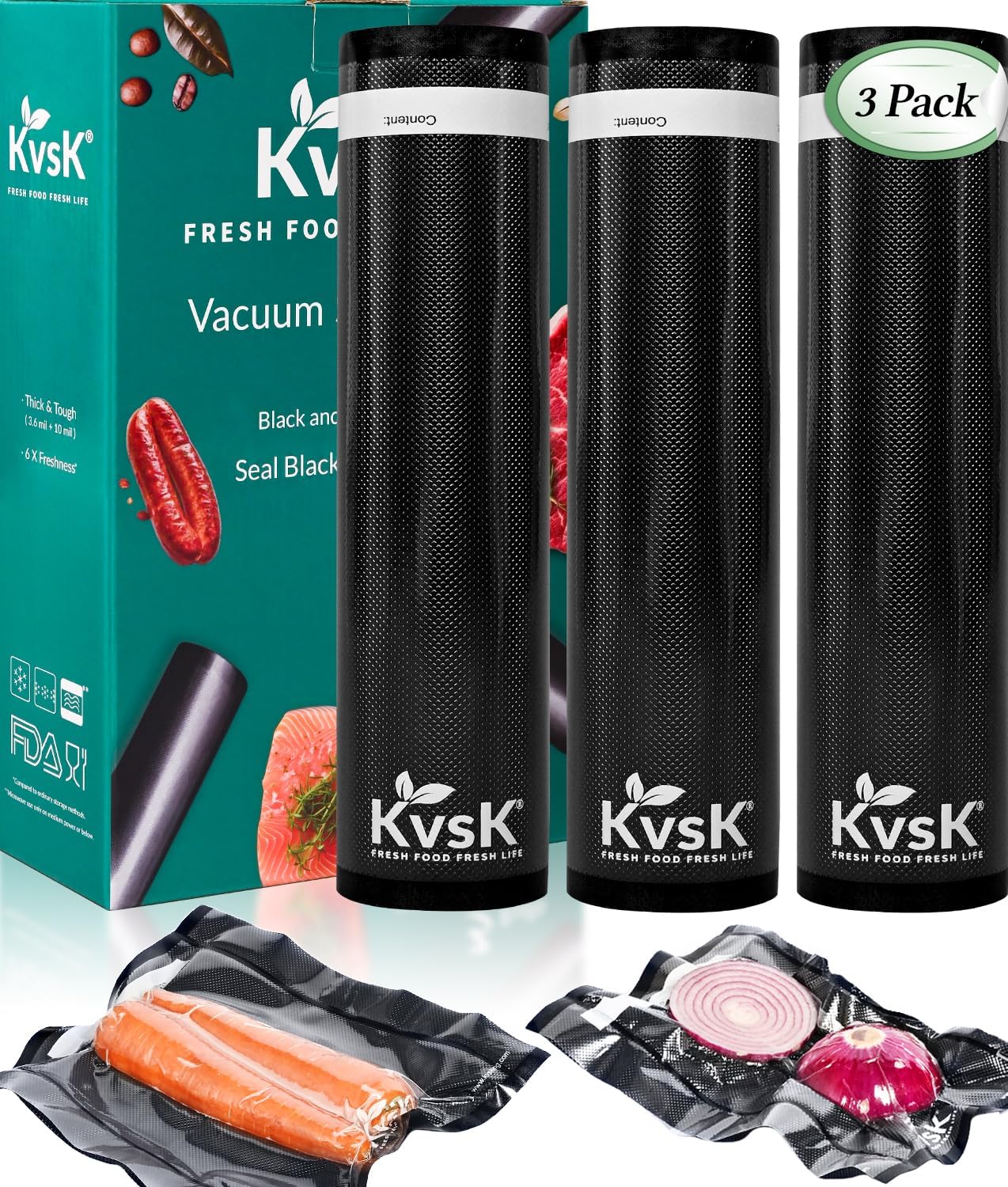 Vacuum Seal Rolls 3 Pack 11"x16.4' Black Food Storage, 3.6mil+10mil Thickened, Commercial Food Grade, BPA-Free, Customized Size, Block Light, Sous Vide Cooking, Prevent Freezer Burns