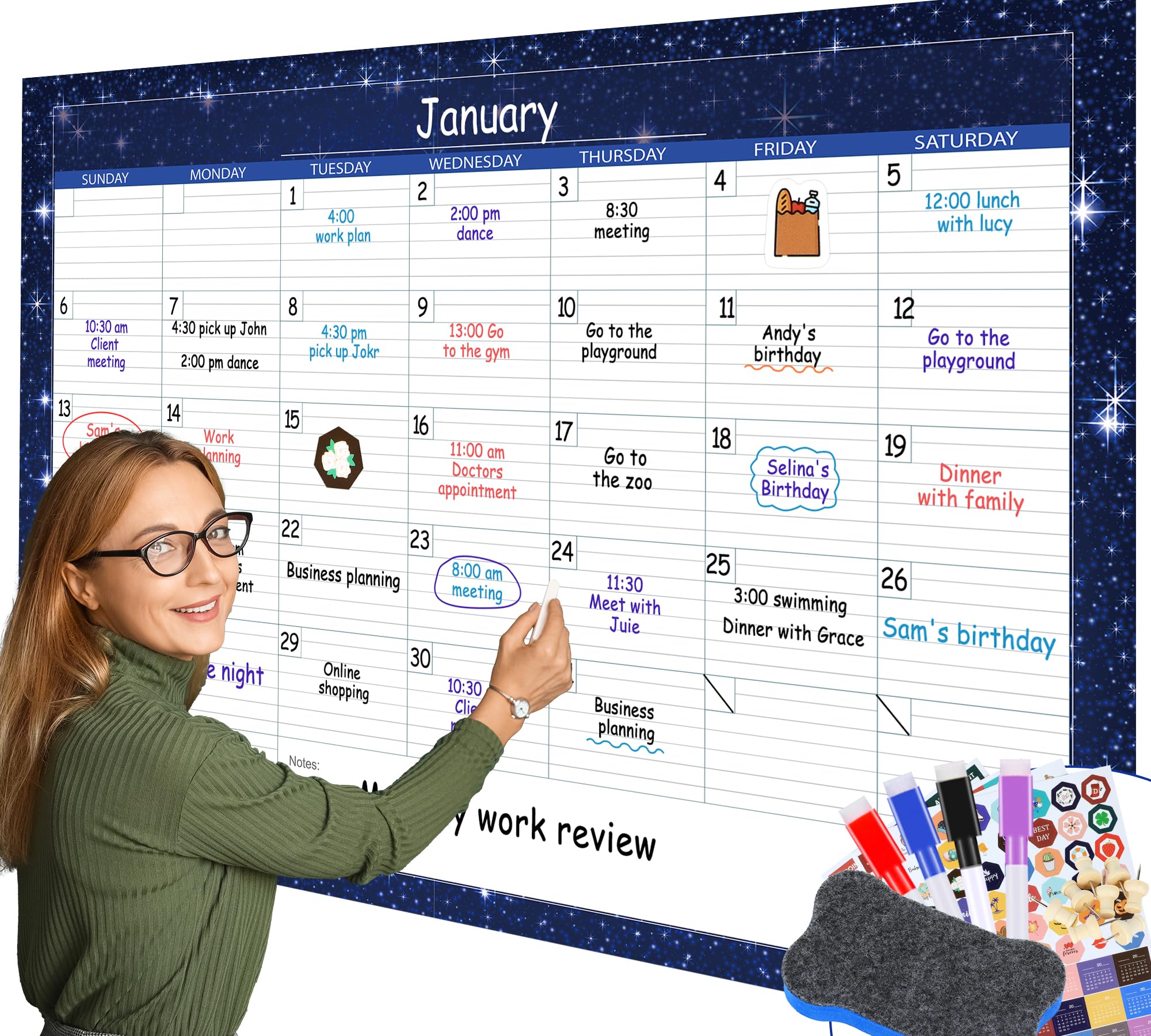 Lonfliness Dry Erase Monthly Extra Large White Board Calendar for Wall 32x48in Starry Sky Laminated Undated 1 Month Whiteboard Calendar Erasable