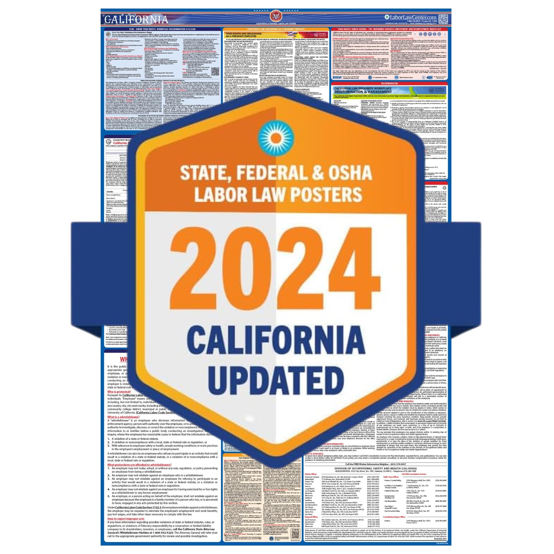 2024 California Labor Law Poster - State, Federal, OSHA Compliant - Thick Premium Paper, Durable, Waterproof, Tear Resistant - Workplace Required English Employment Poster- 26" x 39.5”