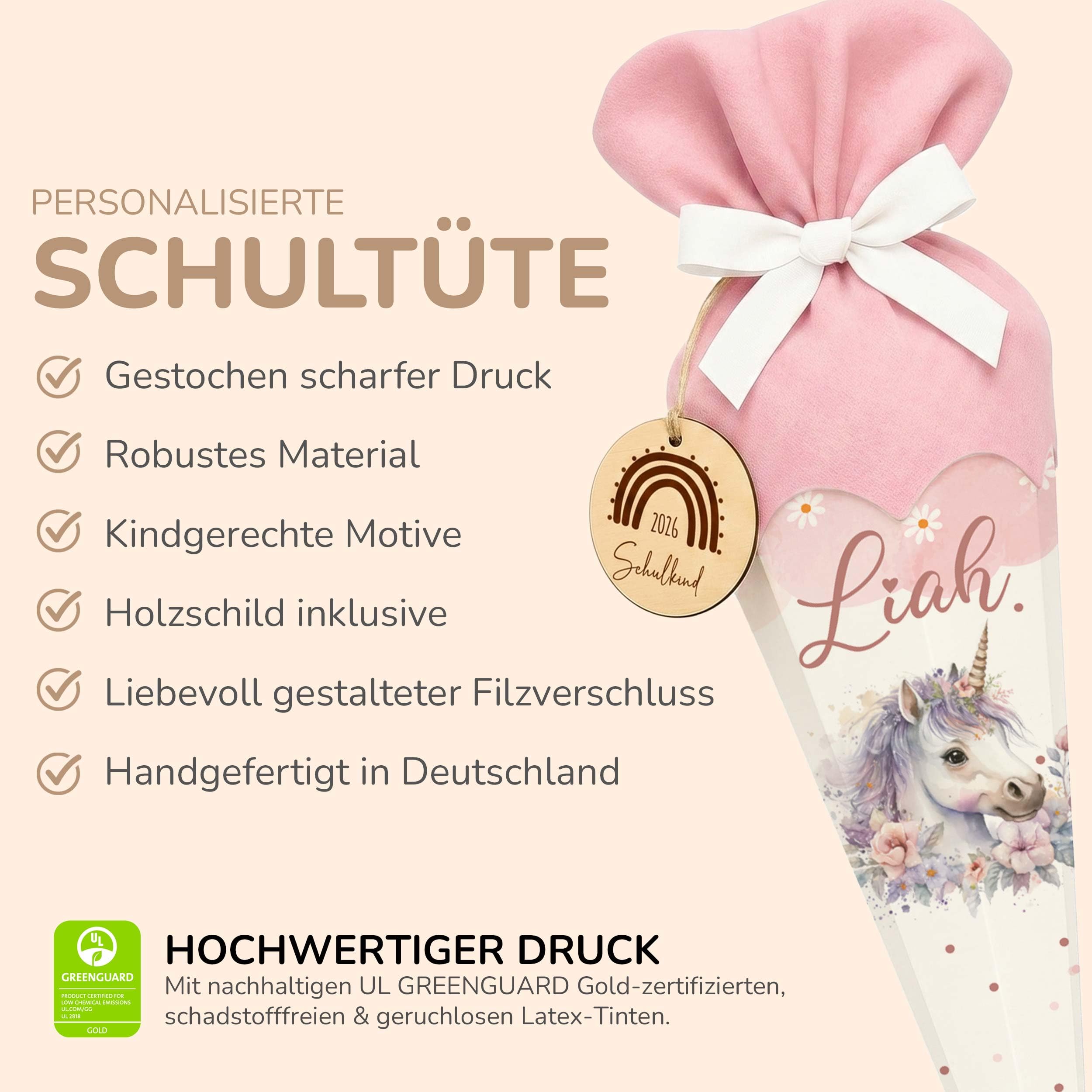 Personalisierte Schultüte mit Filz-Stoff & Holzschild, Zuckertüte zur Einschulung Mädchen Jungen 2026 - Einhorn Rosa