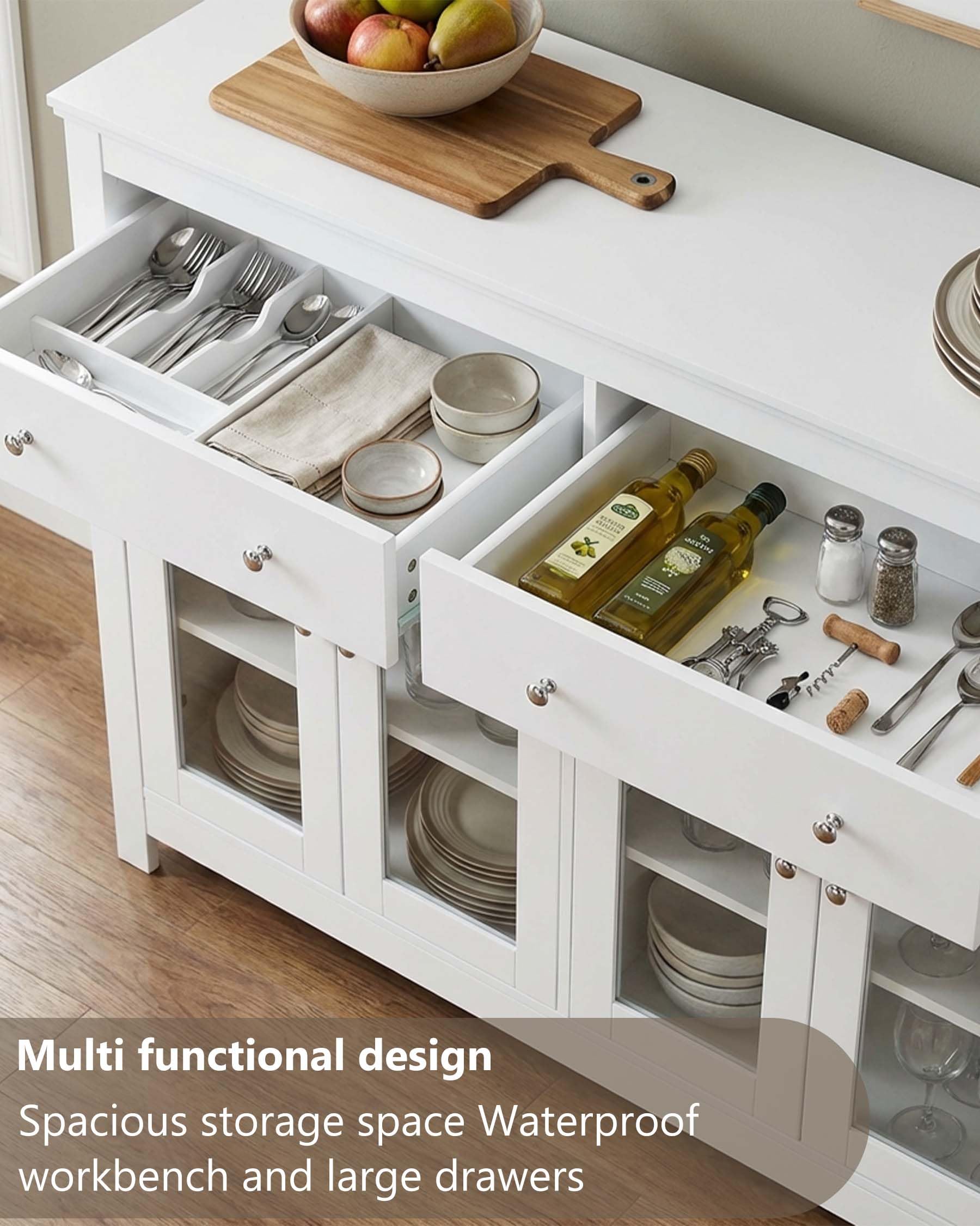 Aparador Blanco de Cocina, Mueble Auxiliar Moderno con Puertas de Vidrio y Alacena Grande con Cajones para Salón o Comedor 140x40x90.7cm