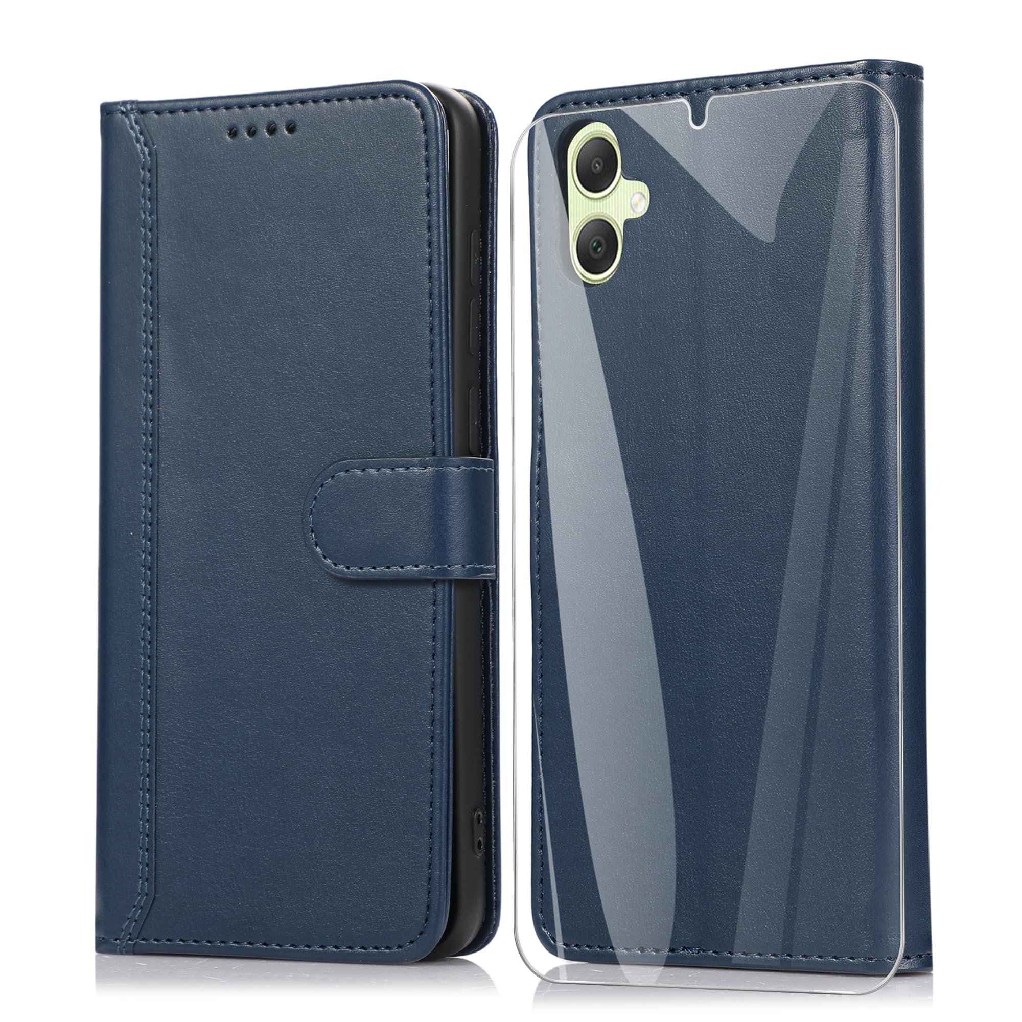SMYTU Custodia per Samsung Galaxy A05 4G (6,7") + Vetro Temperato,Cover a Libro Samsung Galaxy A05 4G,Custodia Flip in Pelle Magnetica Portafoglio Per Samsung Galaxy A05 4G - Blu
