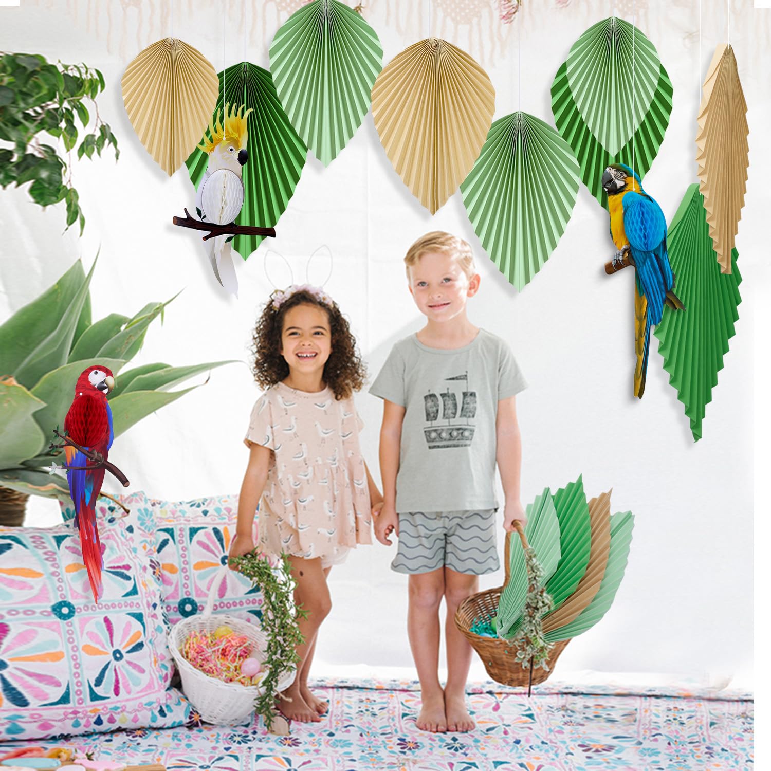 Decorazioni Per Festa Tropicale - 6 Pappagalli A Nido D'Ape E 4 Ventagli Di Carta, Tema Hawaiano Luau Giungla