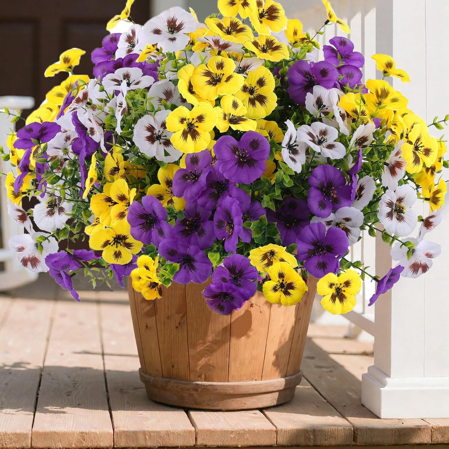 Tosoda 12 Bundles Artificial Pansy Flowers for Indoor Outdoor Realistic UV Resistant for Winter and Spring Garden Decor, Graves, Window Boxes, Hanging Baskets (Yellow, Purple, White)