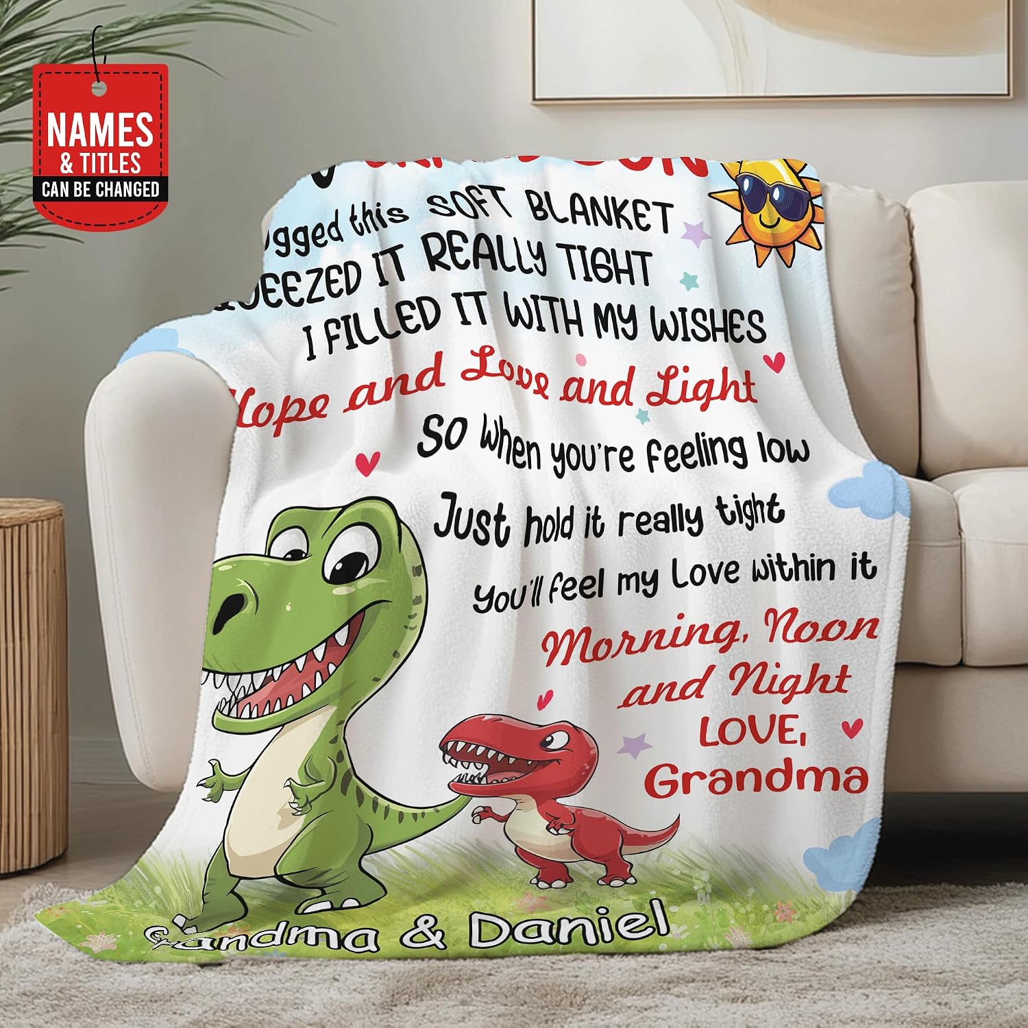 Hyturtle Personalized Grandson Fleece Blanket Gifts from Grandma Grandpa, Unique Birthday Graduation Gift Ideas for Grandson Dinosaur Custom Name Throw Blanket Home Decoration Keepsake