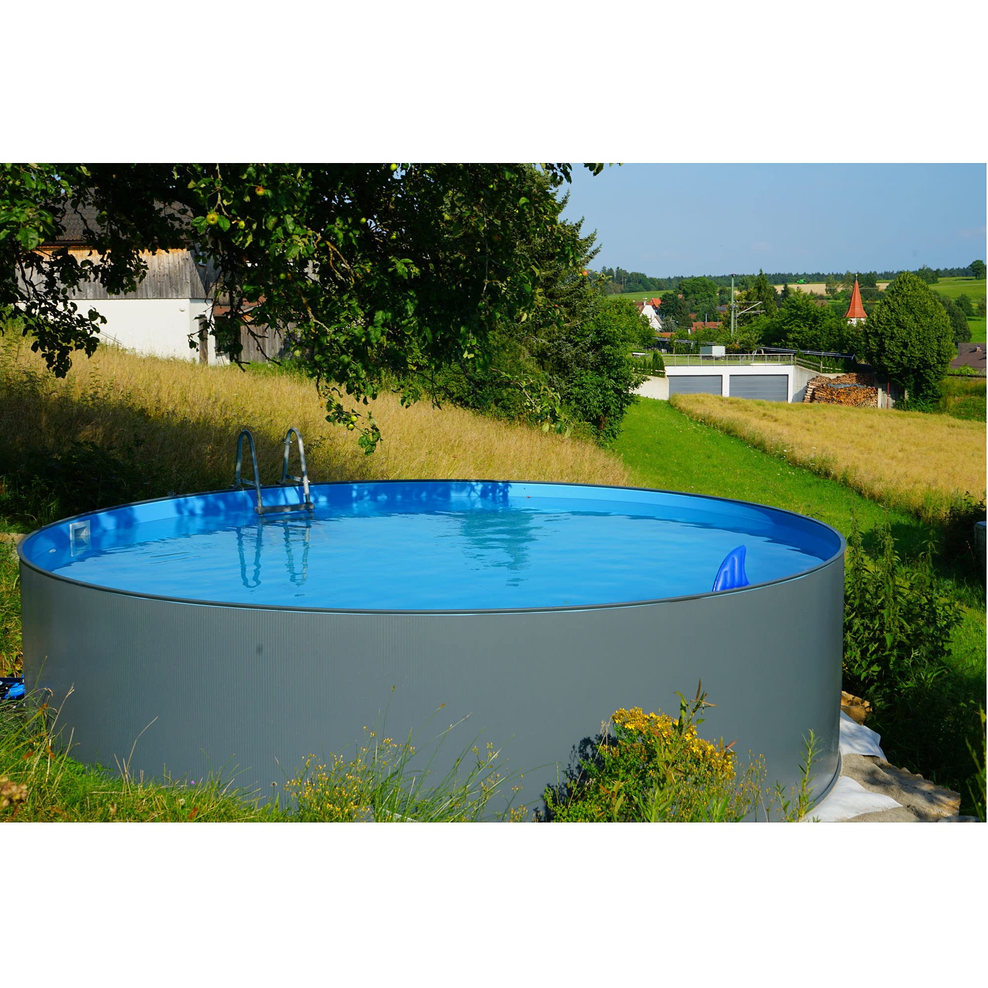 Stahlwandpool rund 300x120cm, Stahl 0,4mm anthrazit, Folie 0,4mm blau, Einhängebiese