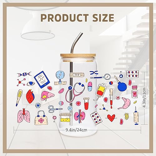 Miniatura 3 de Envolturas de vasos UV DTF para 16 oz  8 hojas de tema de enfermera UV DTF para vidrio, afirmación diaria de enfermera, corazón, jeringa, kit de