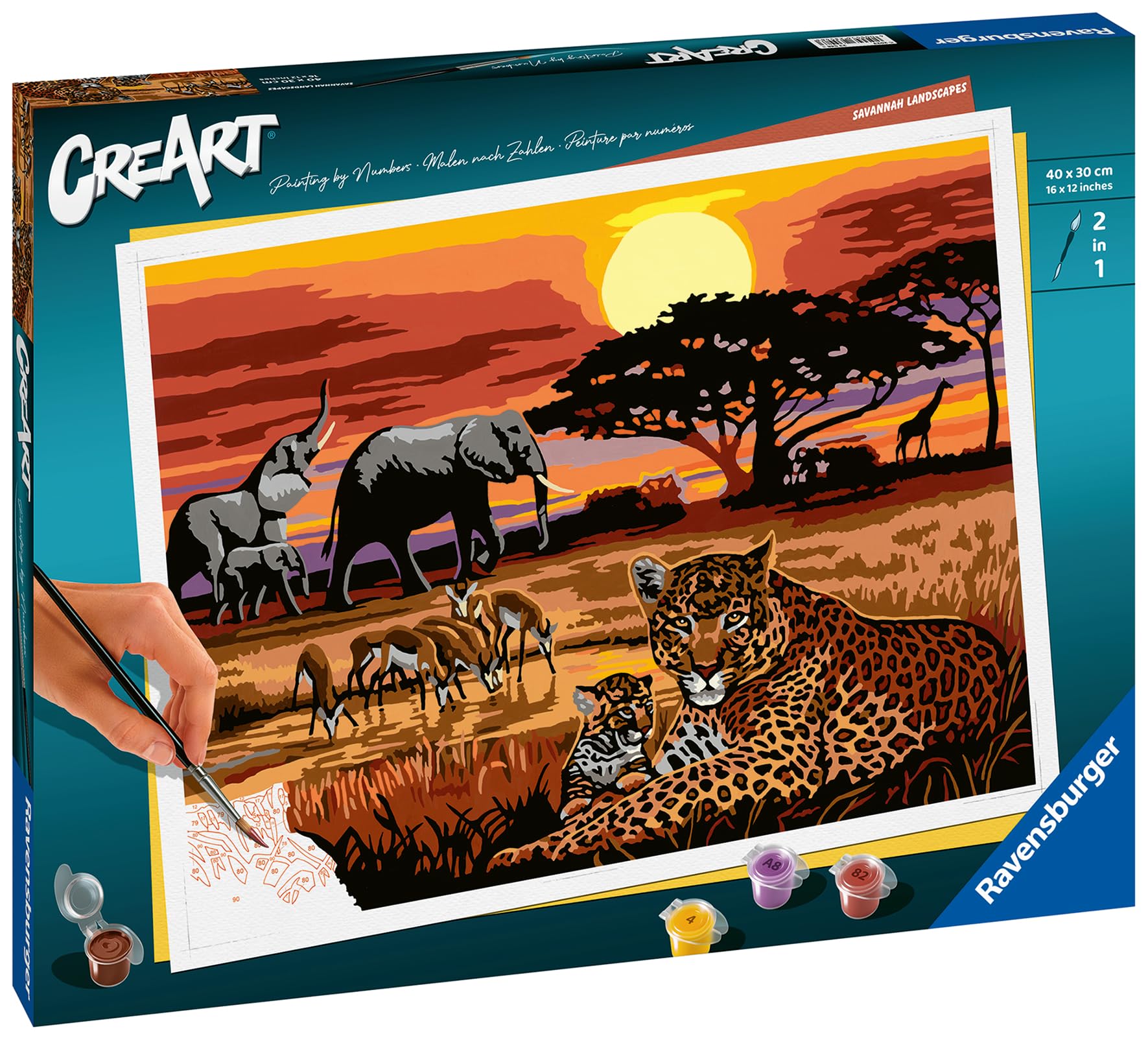 Ravensburger CreArt: Vita nella Savana – Dipingere con i Numeri Adulti, Attività Creativa e Rilassante, Kit Pittura con Pennello e Colori Inclusi, 30 x 40 cm, Idee Regalo