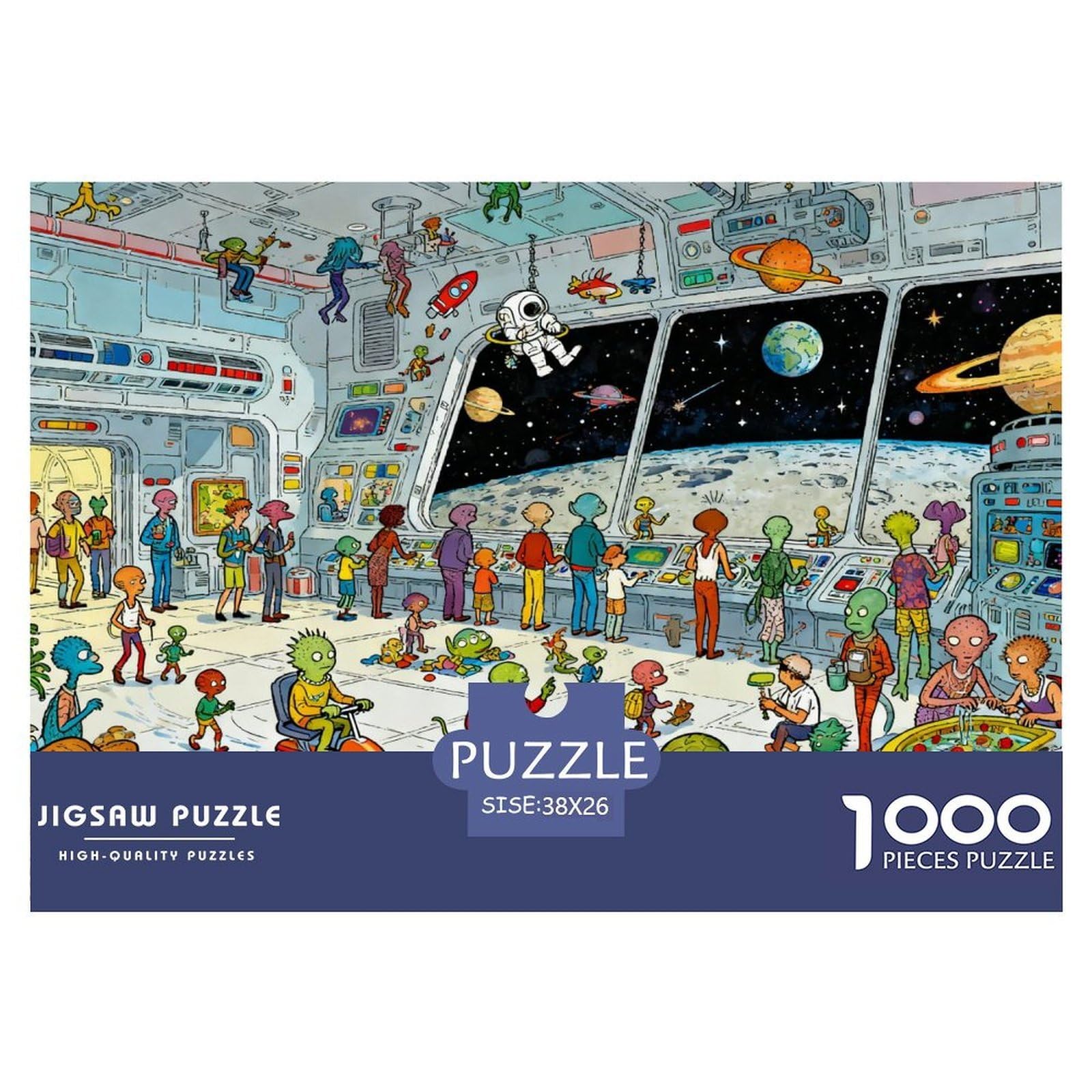 Space Station with Aliens Wooden Jigsaw Puzzle Waterproof 1000 Piece Puzzles for Adults Impossible Home Decoration