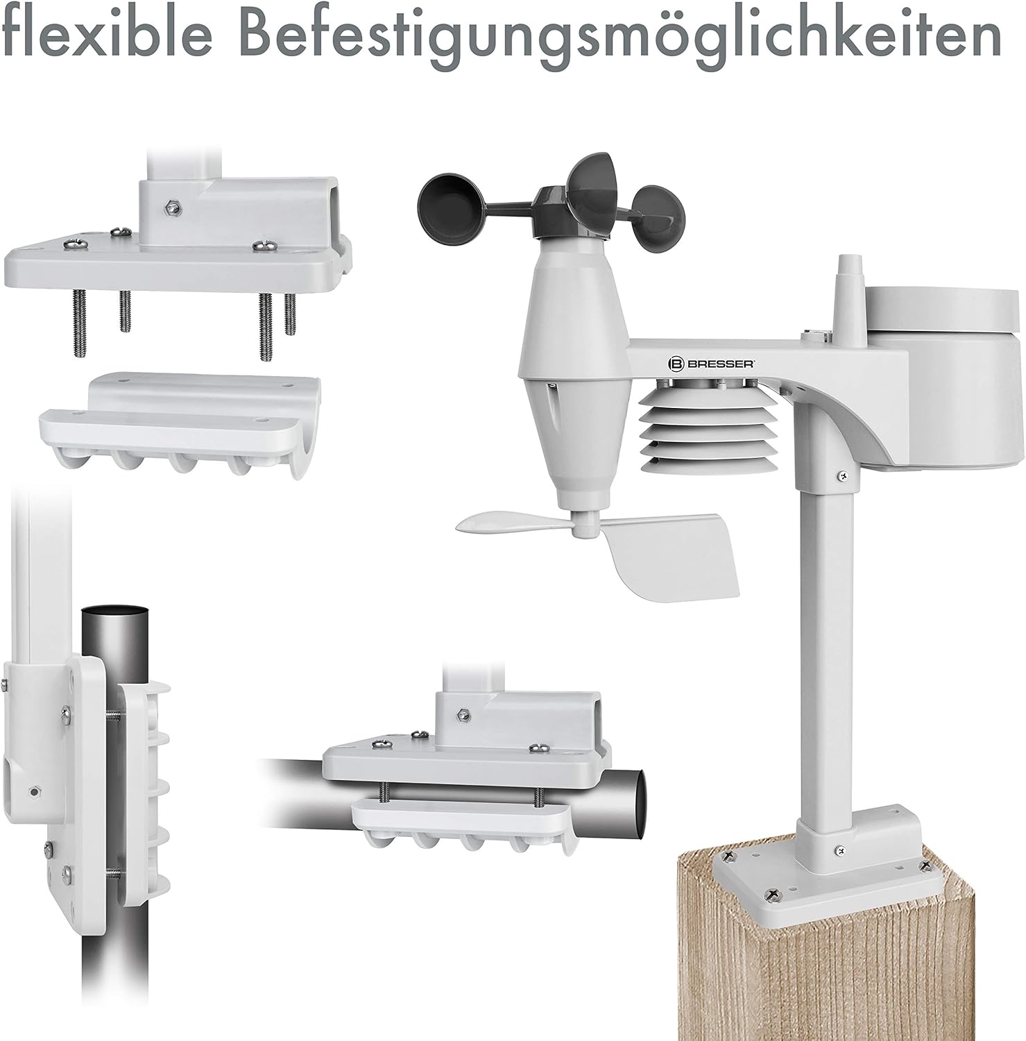 Various mounting options for the Explore Scientific outdoor sensor, including pole and flat surface attachments