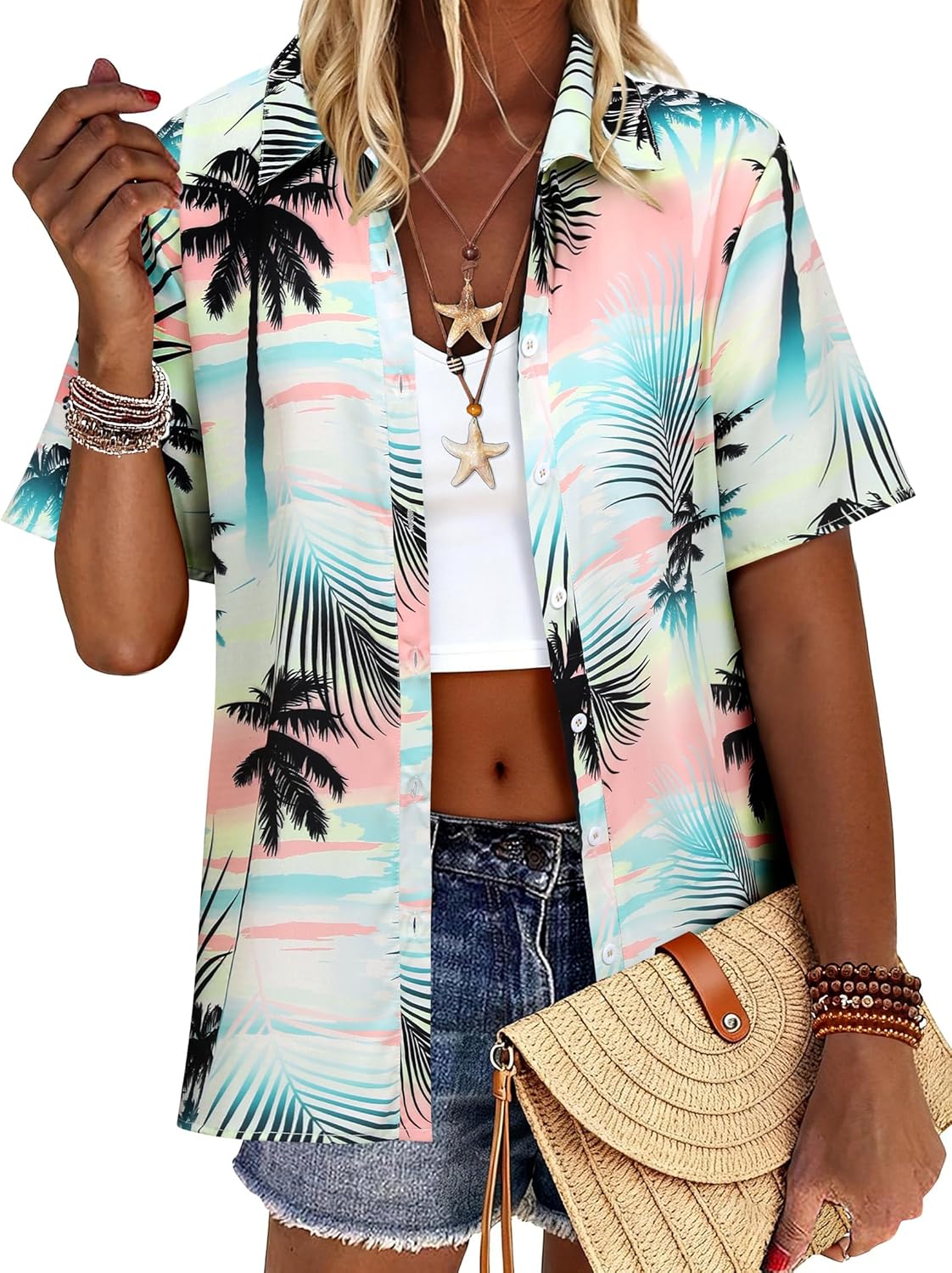 ZXZY Women Summer Hawaii Shirts Soft Cool Floral Tropic Print Short Sleeve Button Up Tops T-Shirt