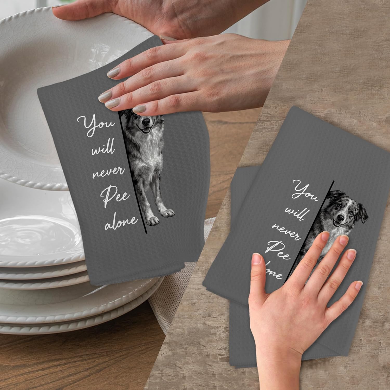 Funny Australian Shepherd Dog Hand Towels for Bathroom, You Will Never Pee Alone Hand Towels, Australian Shepherd Gifts for Women Men, Dog Themed Dish Tea Towel for Kitchen Decor, 16x24 Inch - Image 4