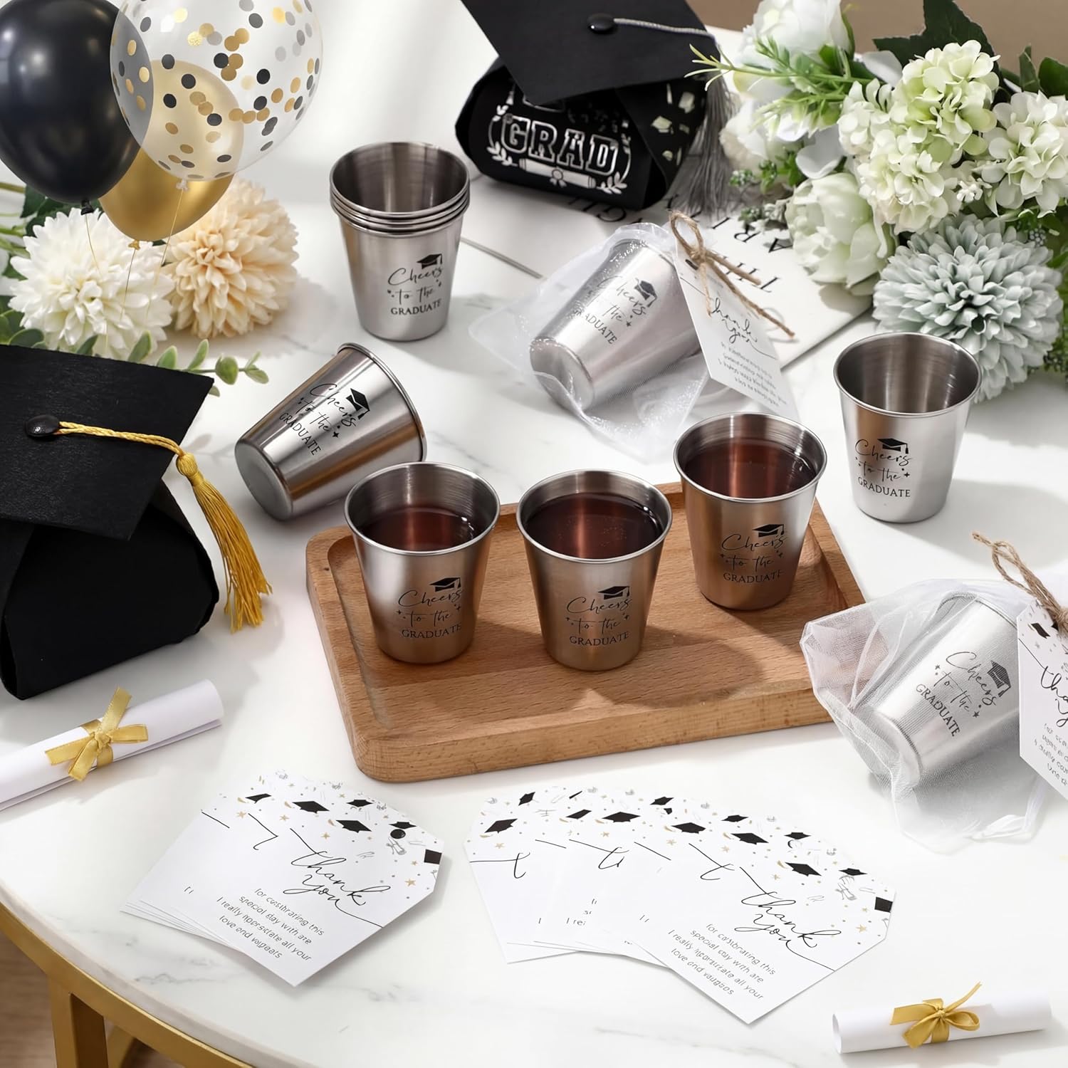 Maxcheck 50 Sets Class of 2026 Graduation Party Favors Stainless Steel Shot Glasses Bulk with Thank You Cards and Gift Bags Grad Gifts for College High School Guests Classmates Teachers Family(Black)