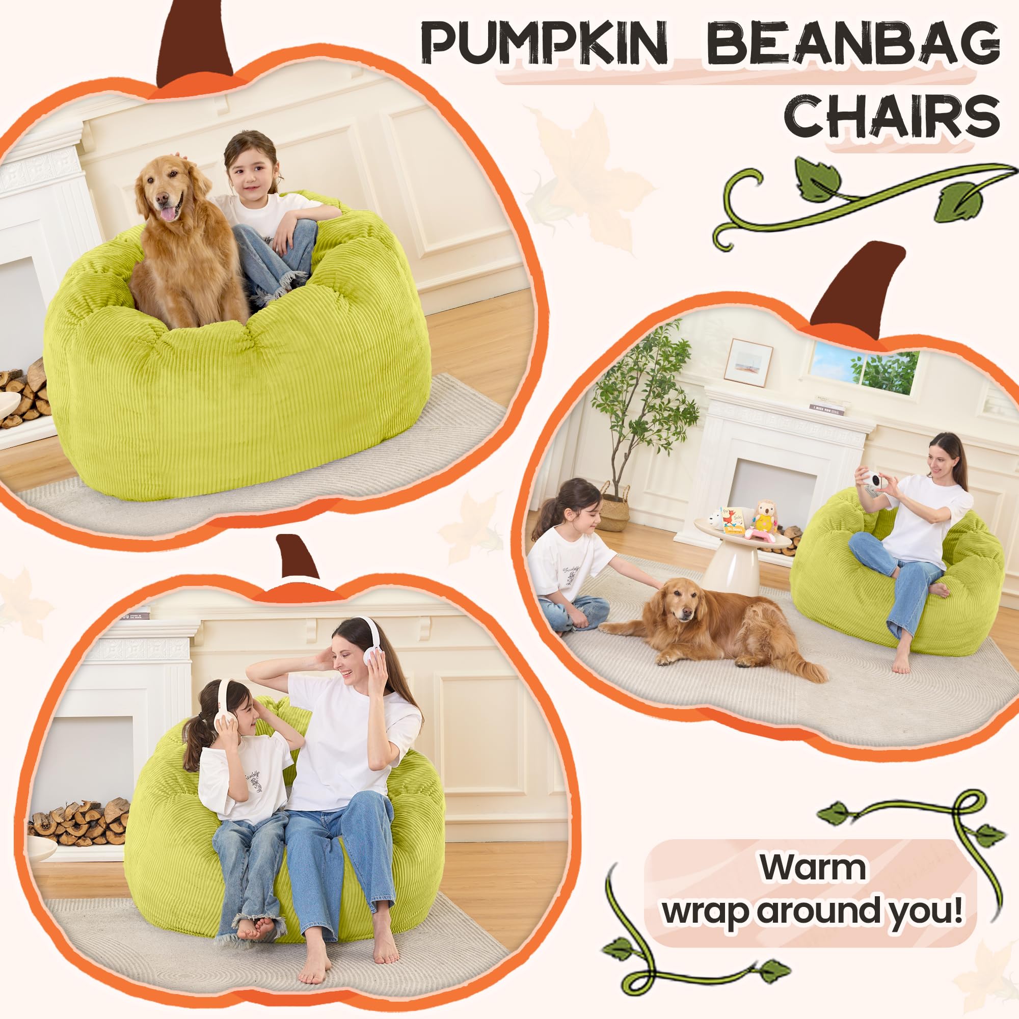 HABUTWAY Giant Bean Bag Chair for Adults/Kids/Teens, Pumpkin Bean Bag Couch Comfy Reading Chair for Bedroom, Corduroy Lazy Sofa Loughe Chair with Wider Seat Depth & Non-Slip Bottom(Light Green)