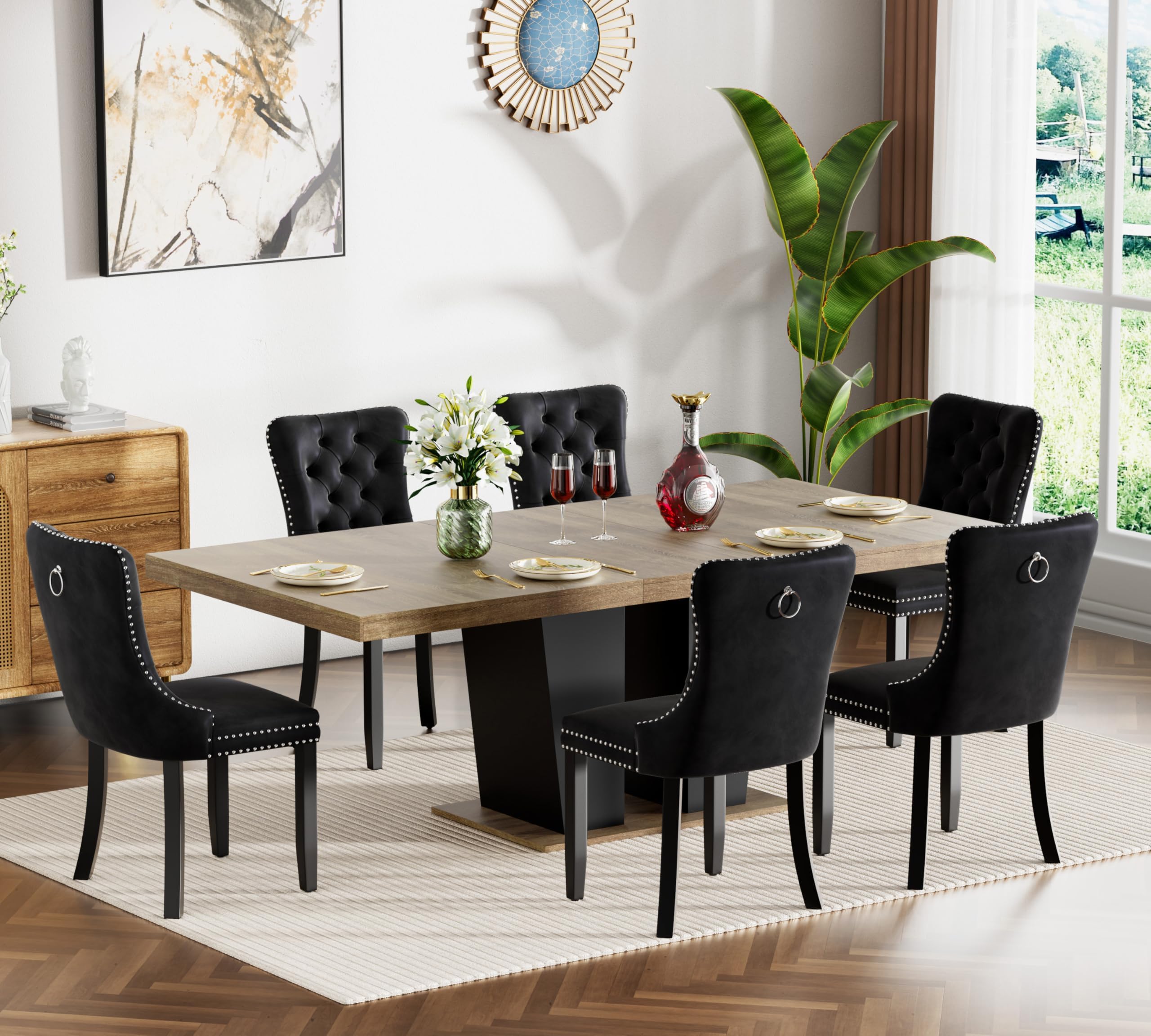 Henf 7 Pieces Extendable Dining Table Set for 6, 63"-79" Rectangle Dining Room Table and 6 Black Tufted Chairs Set for 6, Modern Large Expandable Kitchen Table with Black Double Columns Base