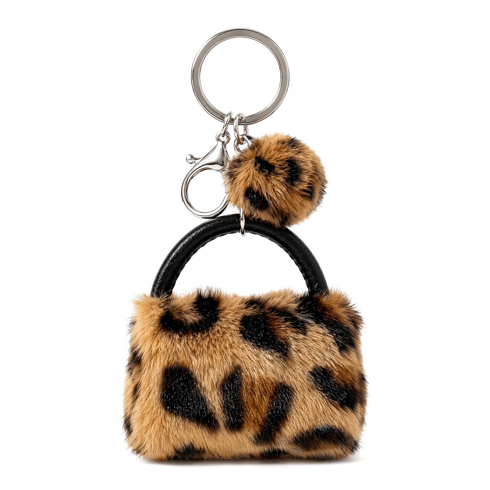 QIANSSE Leopard Print Keychain for Women, Mini Bag Charm with Soft Plush Animal Print Keyring for Purse Backpack Gift