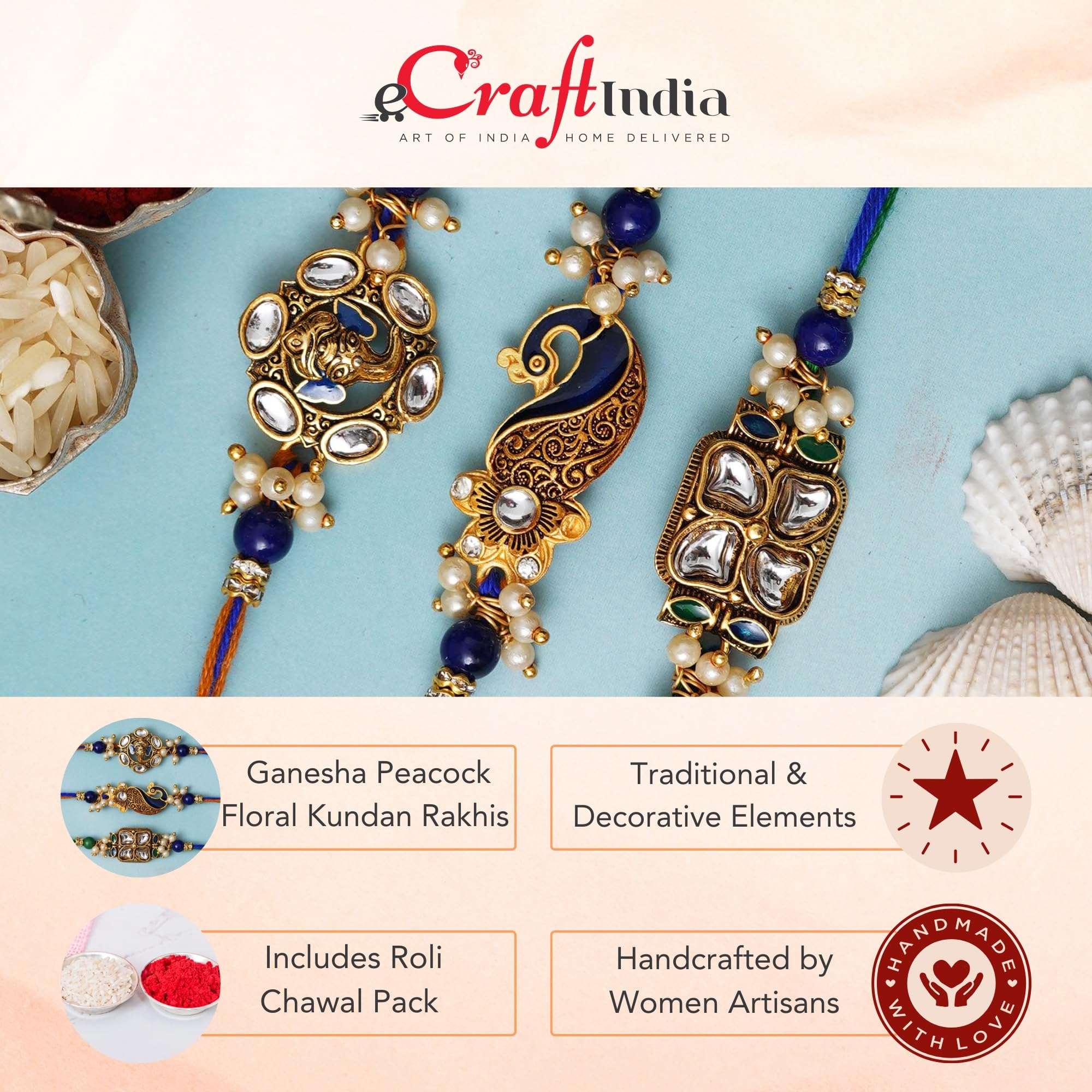 eCraftIndia Set of 3 Lord Ganesha Peacock Floral Kundan Designer Rakhi for Brother with Best Bro Ever Fridge Magnet & Roli Chawal Pack | Raksha Bandhan Rakhi Combo | Traditional Festive Thread Set 2