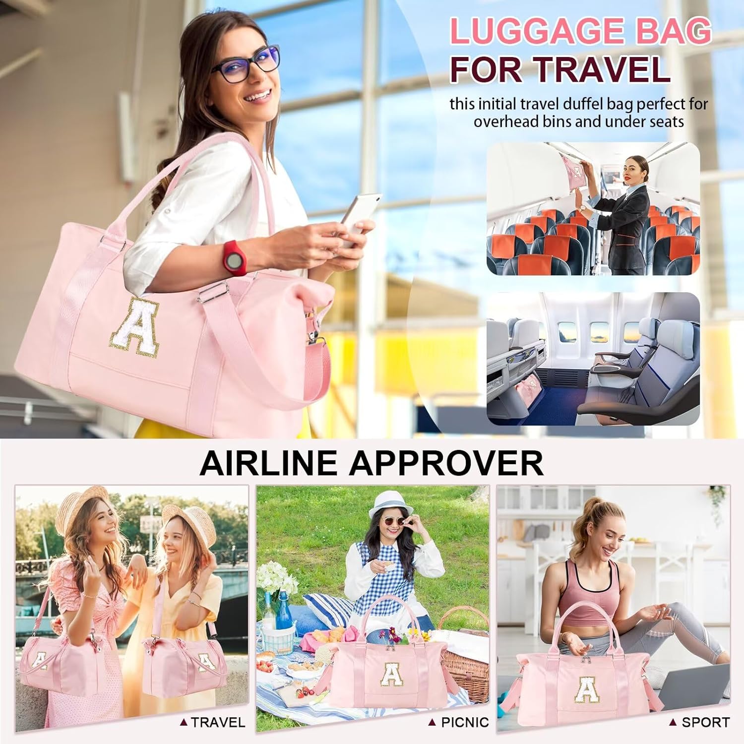 Dance Gym Duffel Bag for Teen Girls, Personalized Initial Travel Weekender Bag,Cute Overnight Carry On Duffle for Women,Sports Travel Cheer Bag,Monogram Christmas Gifts for Tween Preppy(pink-A) - Image 8