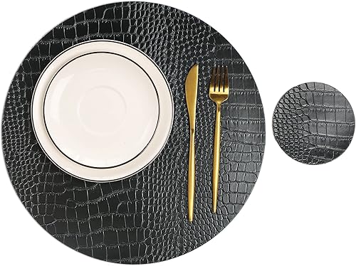 Miniatura 1 de Juego de 4 manteles individuales redondos de cuero para mesas redondas, manteles individuales y posavasos negros, lavables, fáciles de cuidar para