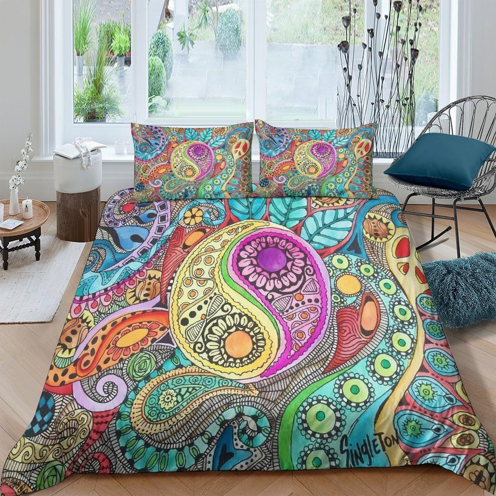 Ctjqhvkz Style-4 3D Printed Paisley Mandala Fitted Sheet Microfiber Colourful Boho Art Bed Cover For Bedroom Guest Room Decor Mattress Protection Single（135X200cm）
