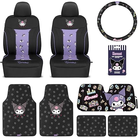 Kuromi Car Seat Covers, Car Floor Mats, Steering Wheel Cover, Windshield Sun Shade Gift Pack with Air Freshener Black and Purple Hello Kitty Accessories for Women 9pc Combo