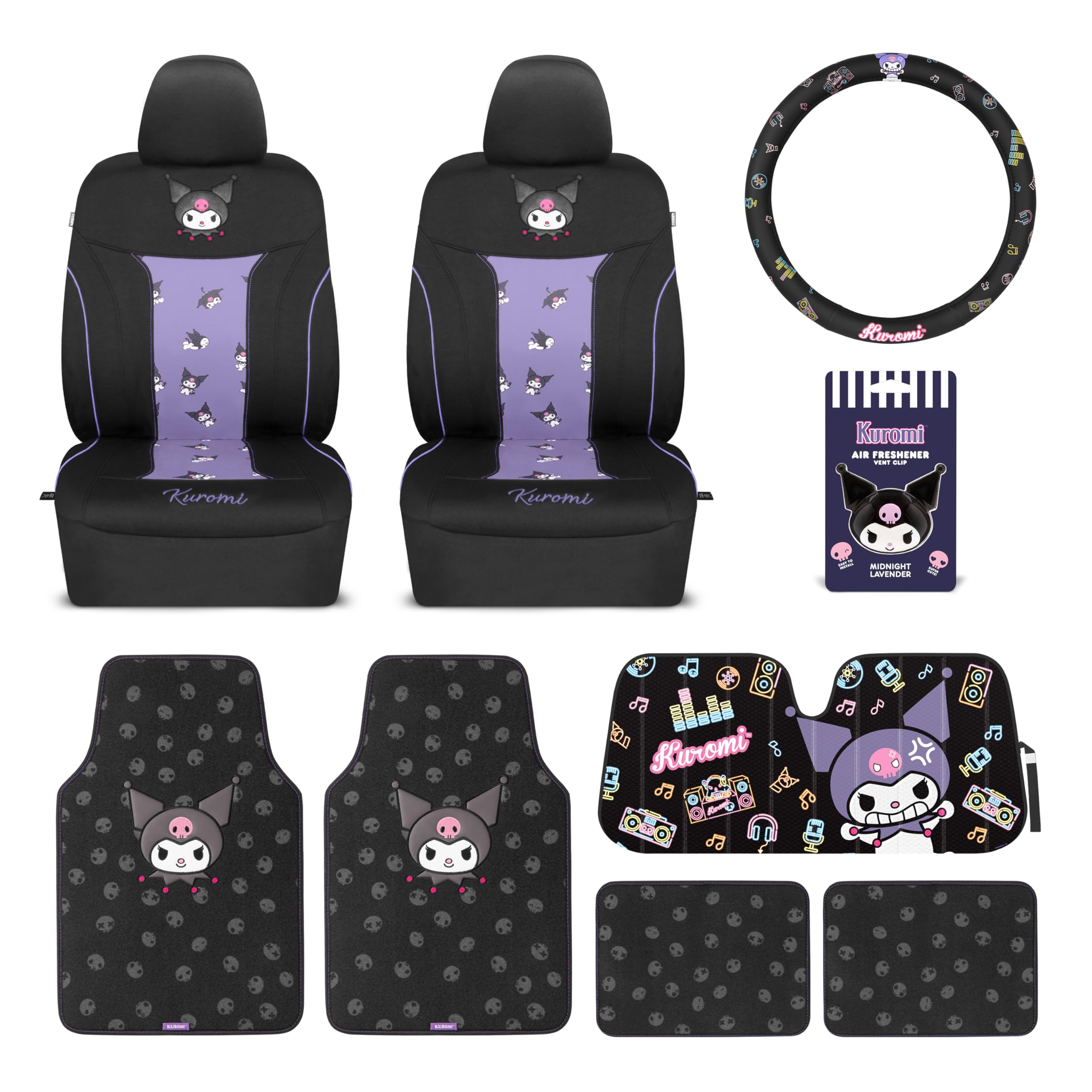 Carbella Kuromi Car Seat Covers, Car Floor Mats, Steering Wheel Cover, Windshield Sun Shade for Car Gift Pack Car Air Freshener Black and Purple Hello Kitty Car Accessories for Women 9pc Combo