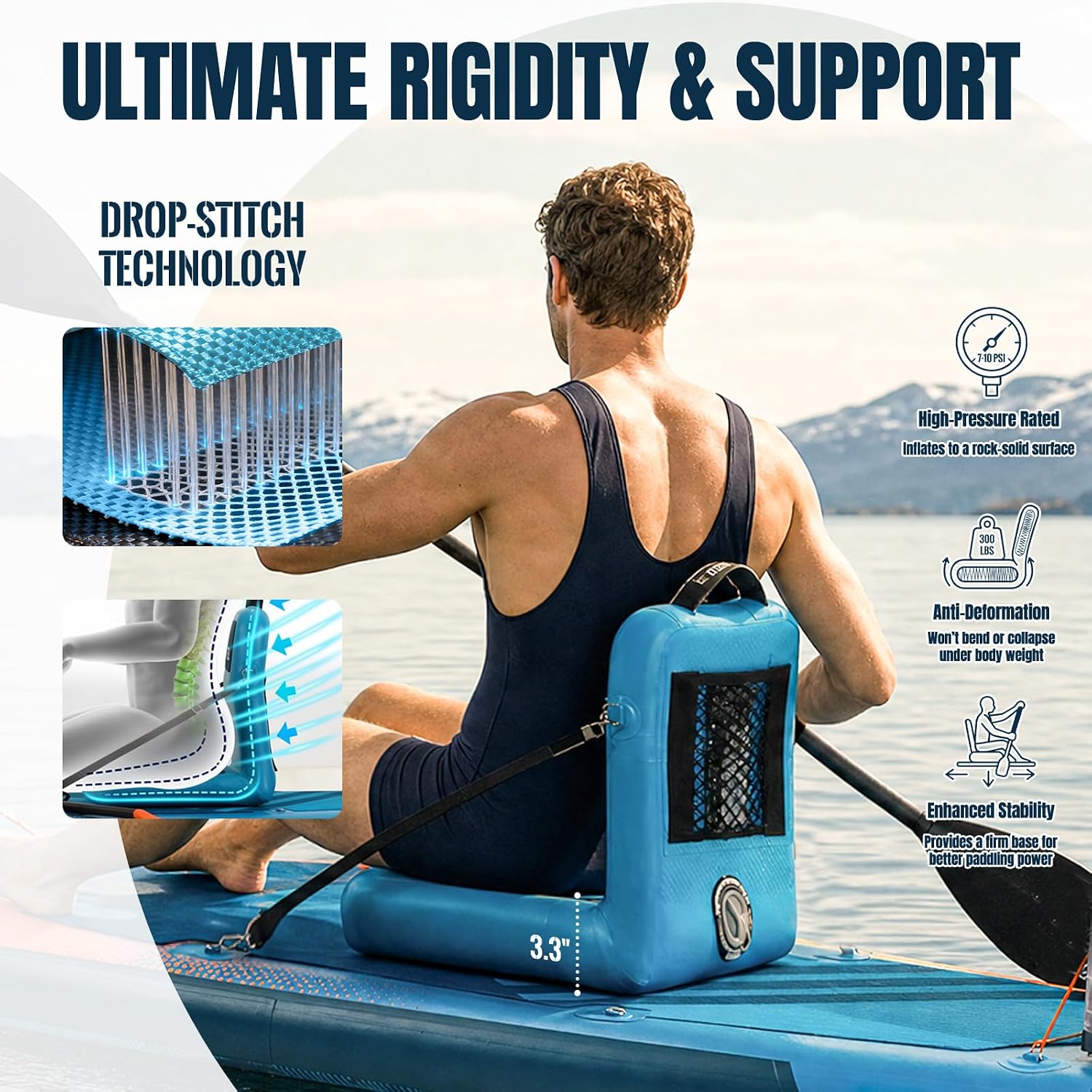 Inflatable Kayak Seat with Back Support, Professional Drop Stitch Paddle Board Seat with Thicken Cushion for SUP, Paddleboard, Kayak, Canoe, Padded Boat, Fishing Boat