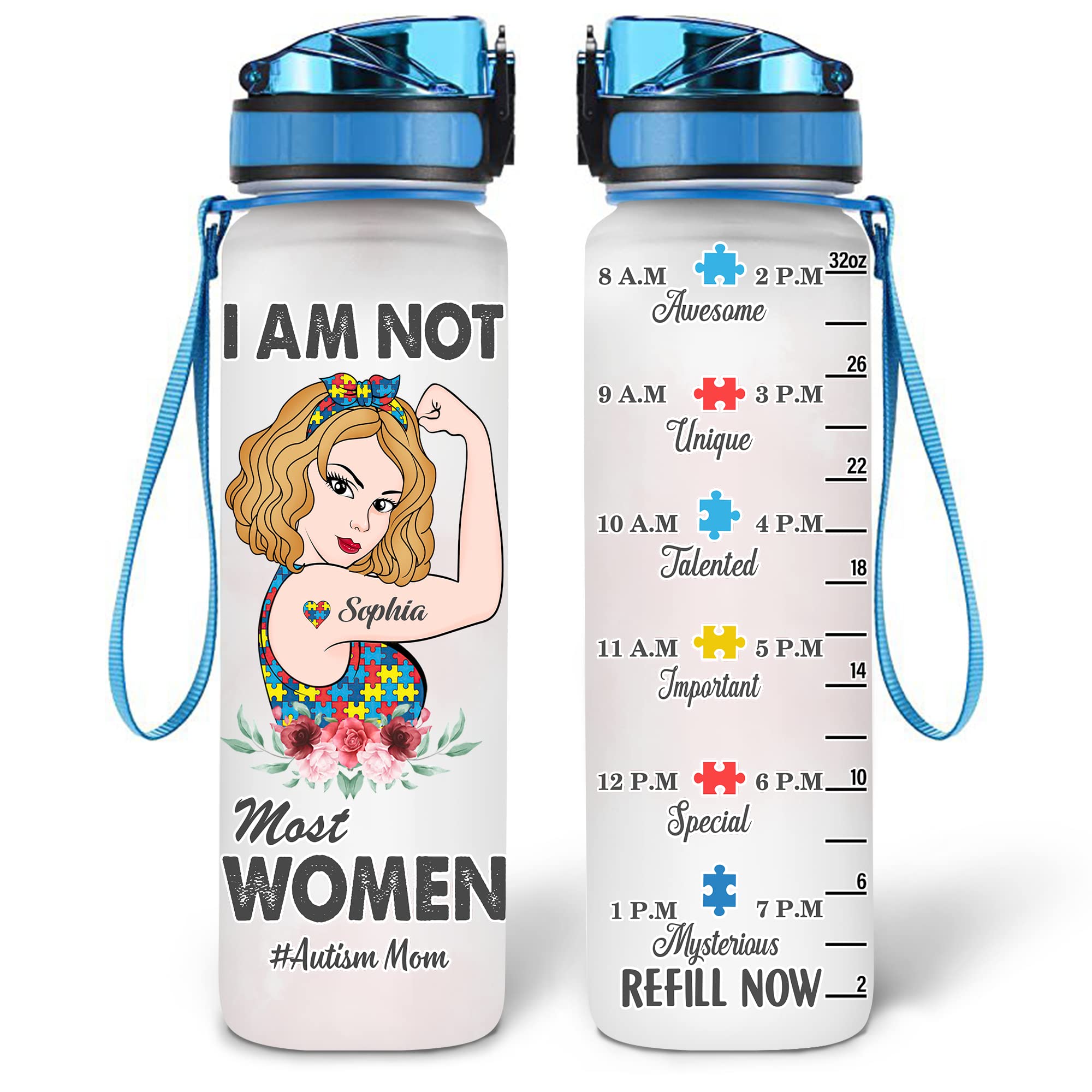 Amazon.com: HYTURTLE Personalized I Am Not Most Women 32Oz Liter  Motivational Water Bottle, Customized Mom Water Bottle With Time Marker  Support Autism Awareness, Gifts For Women, Gifts For kids On Birthday :