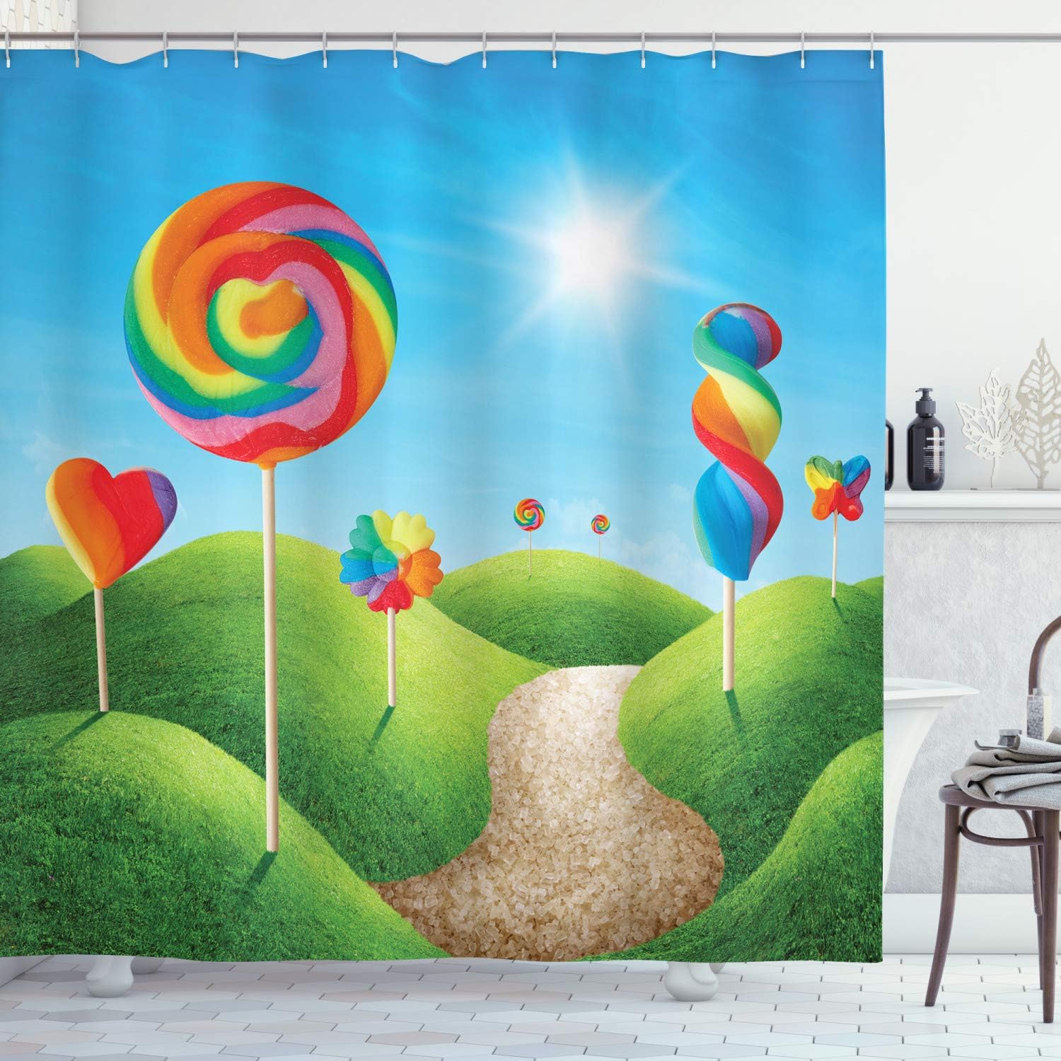 Ambesonne Fantasy Shower Curtain, Surreal Candy Land Delicious Lollipops and Sweets Sun Cheerful Fun Print, Cloth Fabric Bathroom Decor Set with Hooks, 69" W x 70" L, Green Blue Red