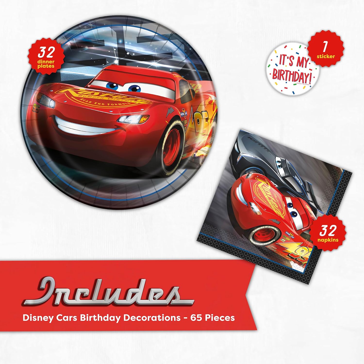Disney Cars Plates and Napkins for 32 | Lightning McQueen Birthday Decorations | Officially Licensed