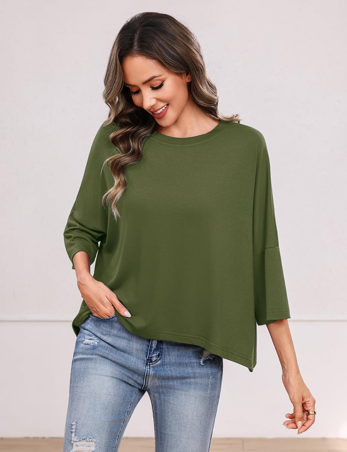 Totatuit Women Cotton Cropped Oversized T Shirts Elbow Sleeve Crew Neck Casual Tee Tops Loose Fitting Gym T-Shirt - Image 4