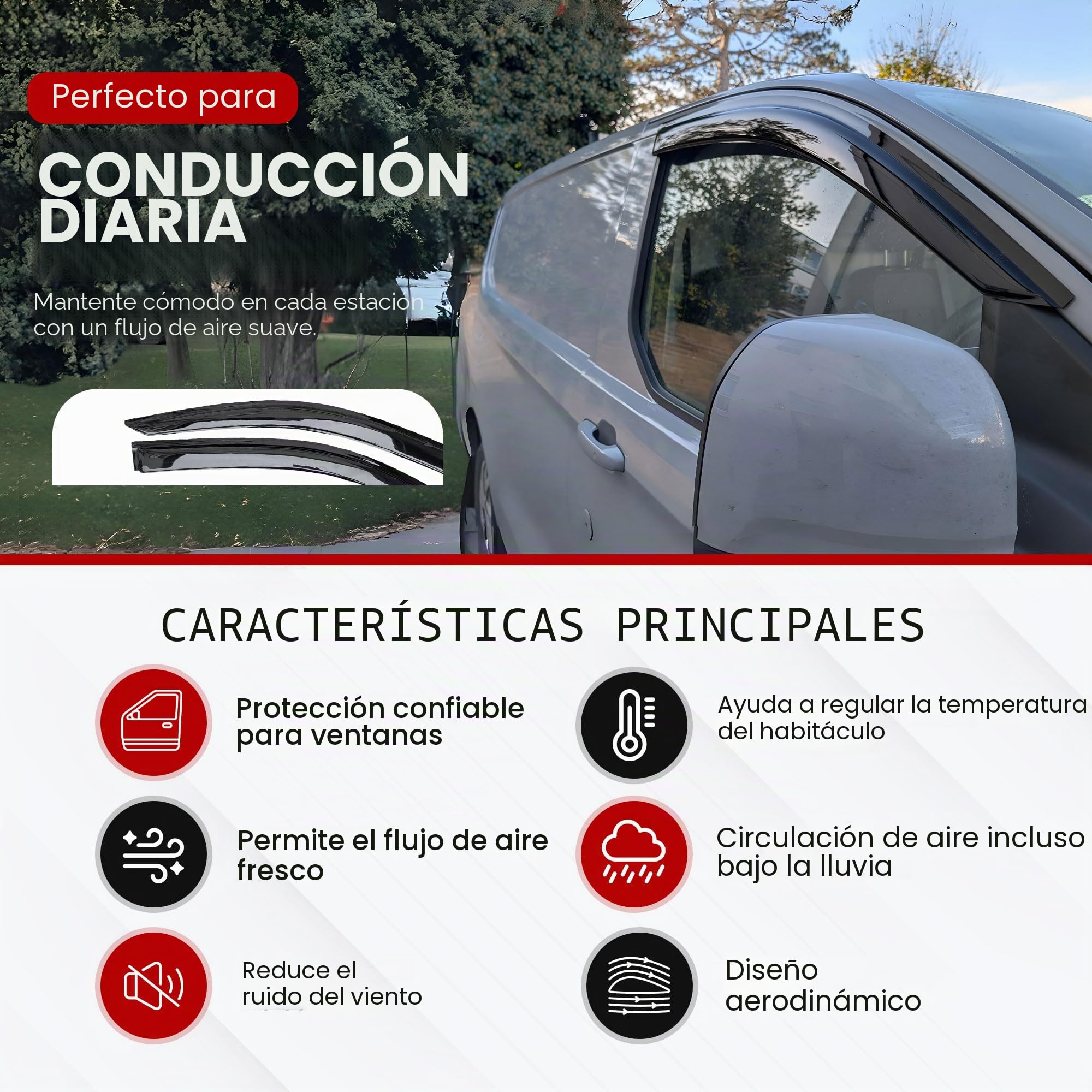 Para adaptarse a: deflectores de viento Ford Transit Custom 2023+ y viseras de ventana VW Transporter T7 (2025+), juego de ajuste externo de 2 piezas, tintados, deflectores adhesivos de alta calidad