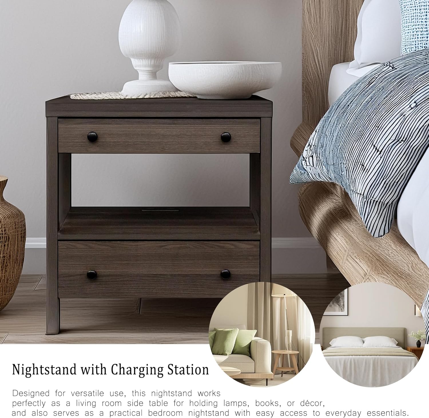MINCETA Nightstand with Charging Station, Wood Storage End Table with 2 Drawers & Open Shelf, Modern Bedside Table with USB & Type-C Ports for Bedroom, Living Room, Espresso