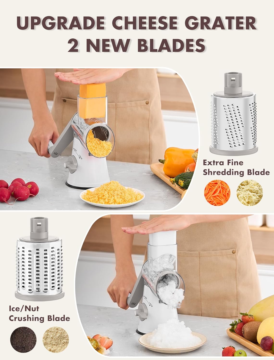 gdl rotary cheese grater, upgraded 5-in-1 cheese grater hand crank, multi-purpose cheese shredder with handle, vegetable slicer cutter ice shaver for potato, carrot, nuts, chocolate grey white 5 blades