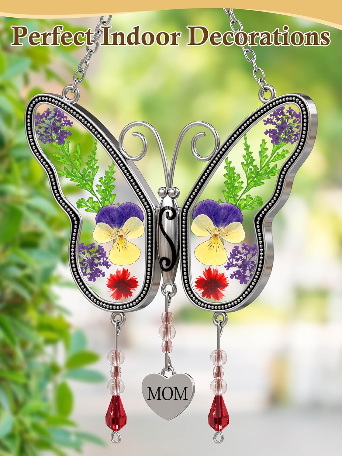 Butterfly Suncatcher Mom Gifts Stained Glass Sun Catchers for Windows Hangings Ornaments with Pressed Flower Wings Embedded in Glass and Metal Trim MOM Heart Charm Birthday Gifts for Mom - Image 2