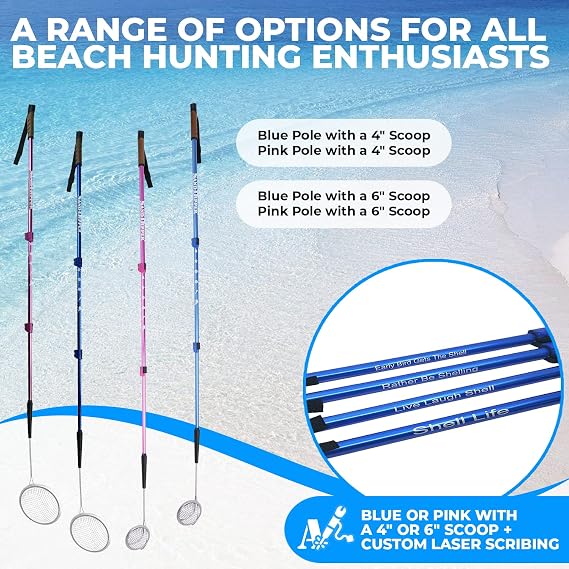 Sand Dipper Full Size Beach Scoop Shovel & Sifter Tool for Beachcombing Adjustable Sea Glass, Shell, Shark Tooth Sifter for the Beach Can Be Used as a Walking or Hiking Stick Too Pink, 4 Basket