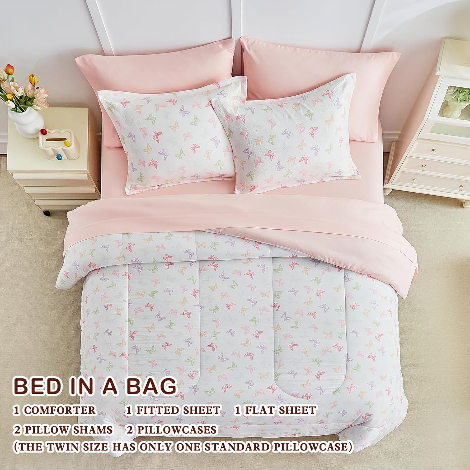 Joyreap 7pcs Bed in a Bag for Girls, Butterflies Pink Design, Queen Size Microfiber Comforter Sheet Set, Soft Cozy Bedding Comforter Set for All Season
